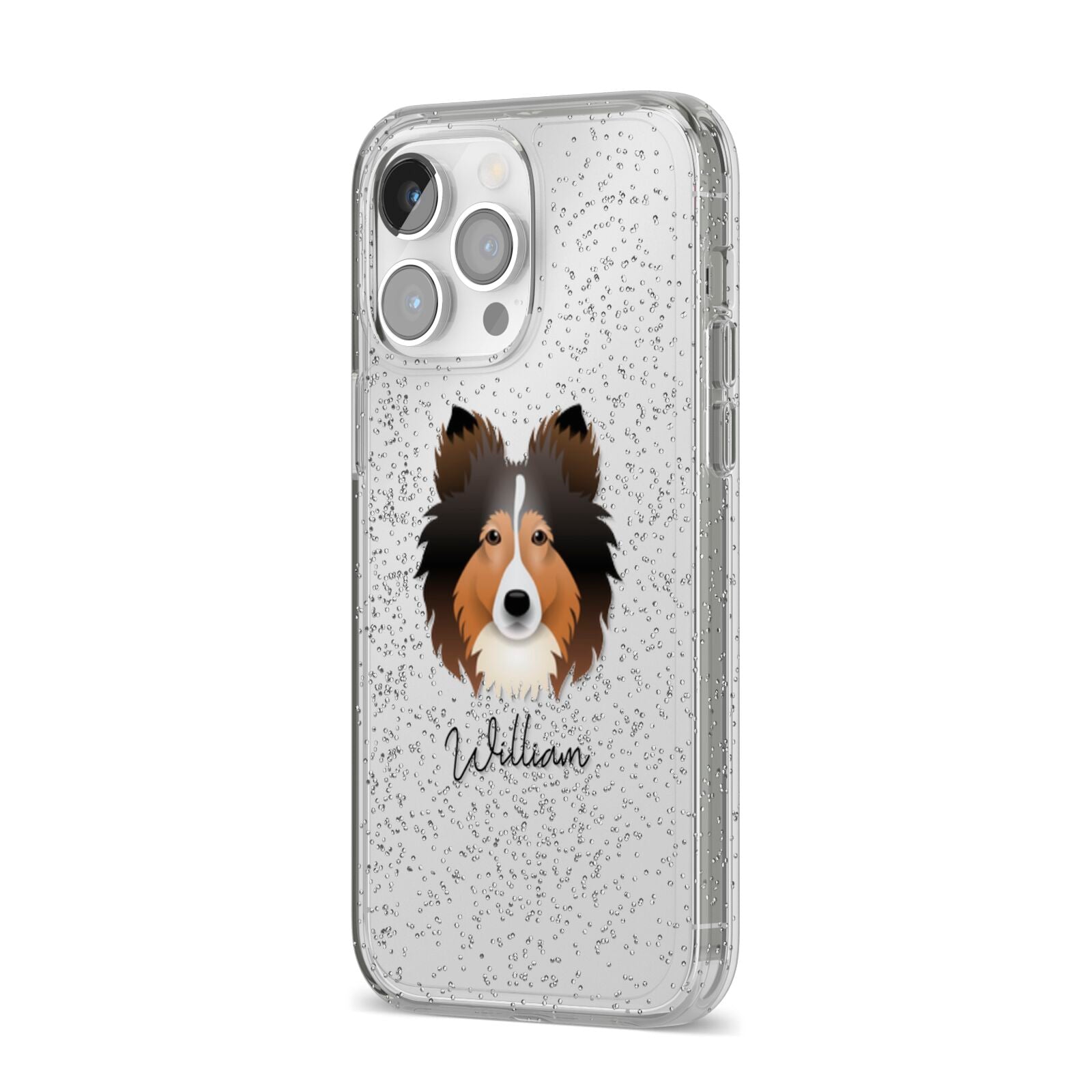 Shetland Sheepdog Personalised iPhone 14 Pro Max Glitter Tough Case Silver Angled Image