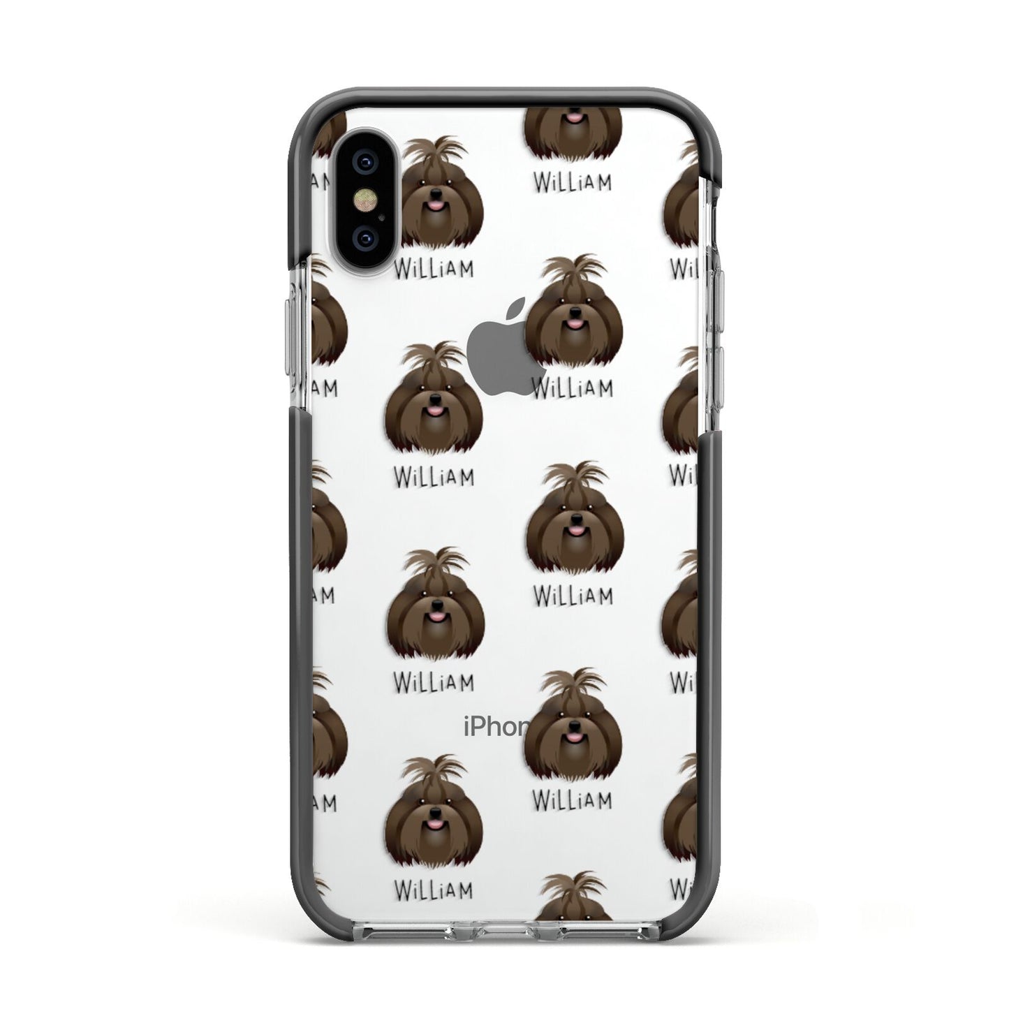 Shih Tzu Icon with Name Apple iPhone Xs Impact Case Black Edge on Silver Phone