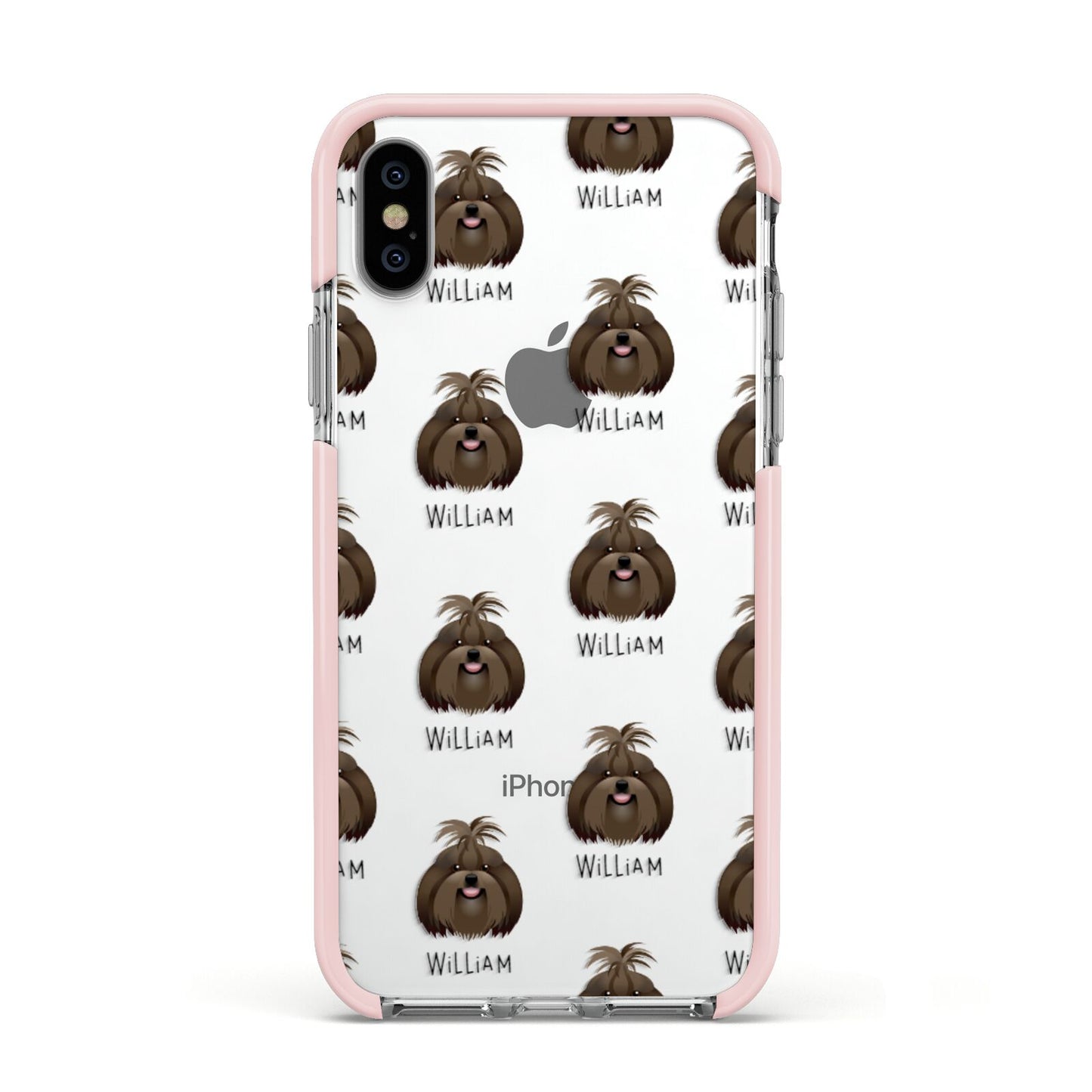 Shih Tzu Icon with Name Apple iPhone Xs Impact Case Pink Edge on Silver Phone