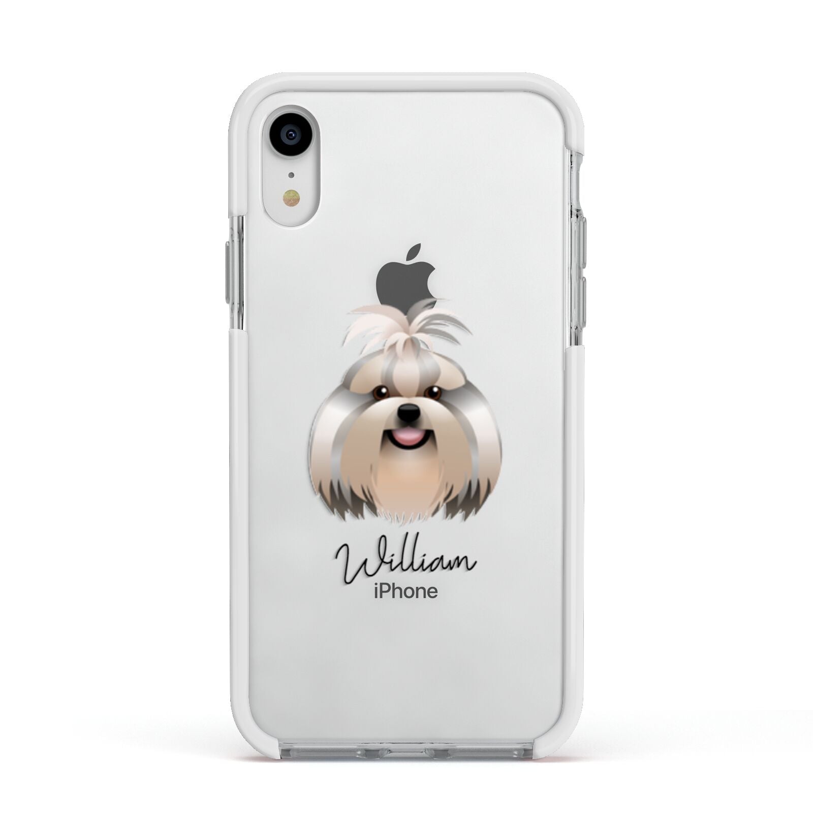 Shih Tzu Personalised Apple iPhone XR Impact Case White Edge on Silver Phone