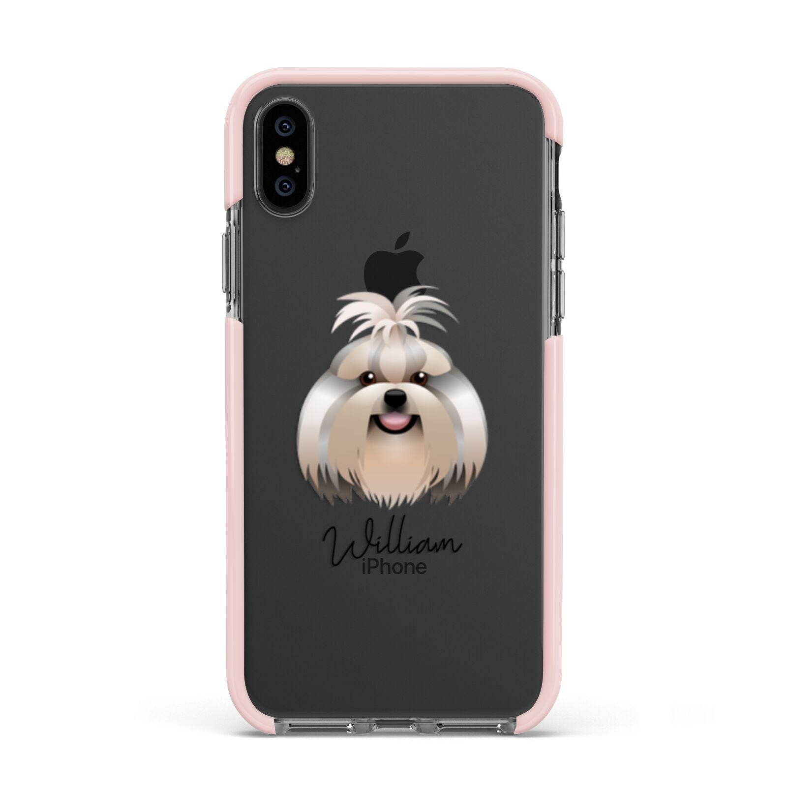 Shih Tzu Personalised Apple iPhone Xs Impact Case Pink Edge on Black Phone