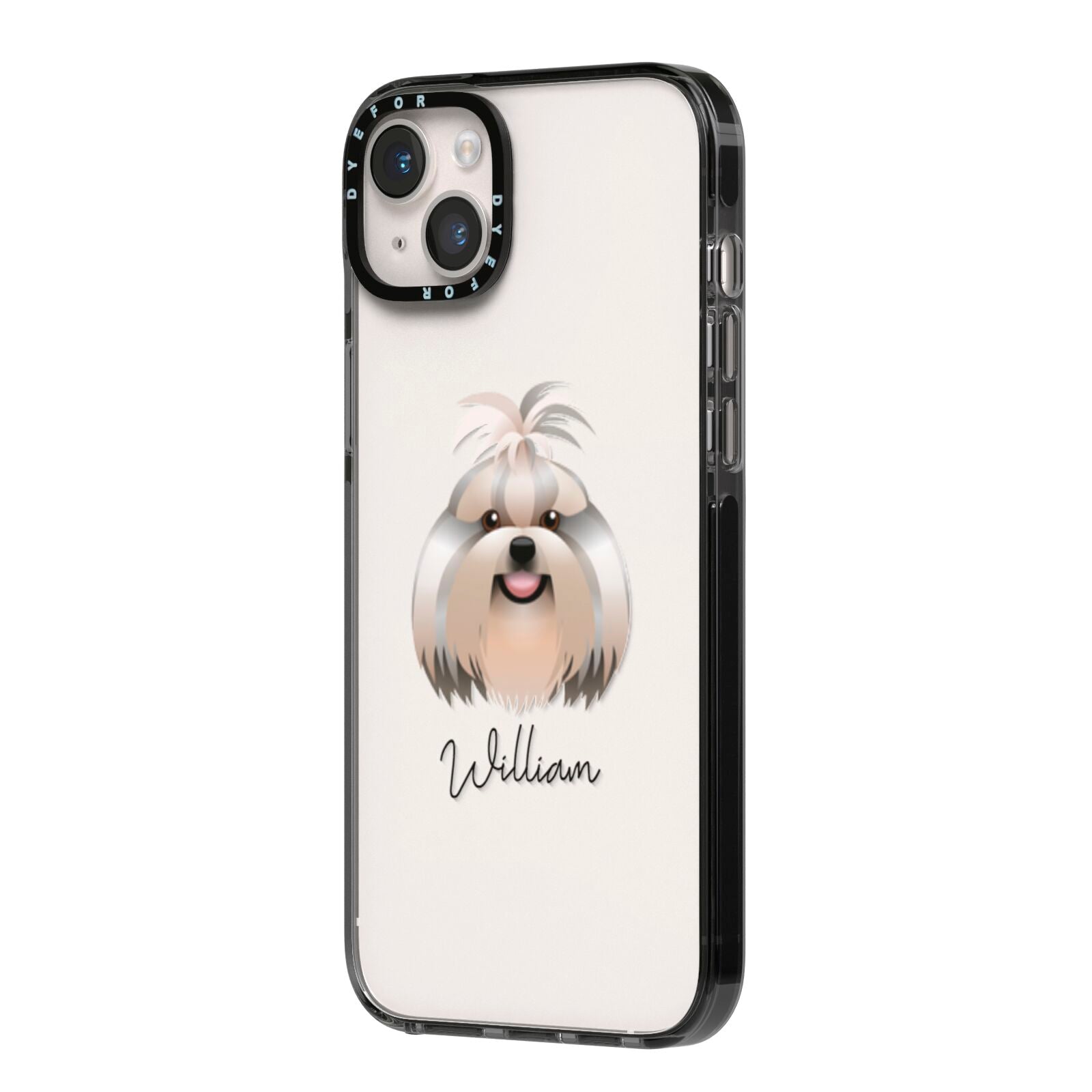 Shih Tzu Personalised iPhone 14 Plus Black Impact Case Side Angle on Silver phone