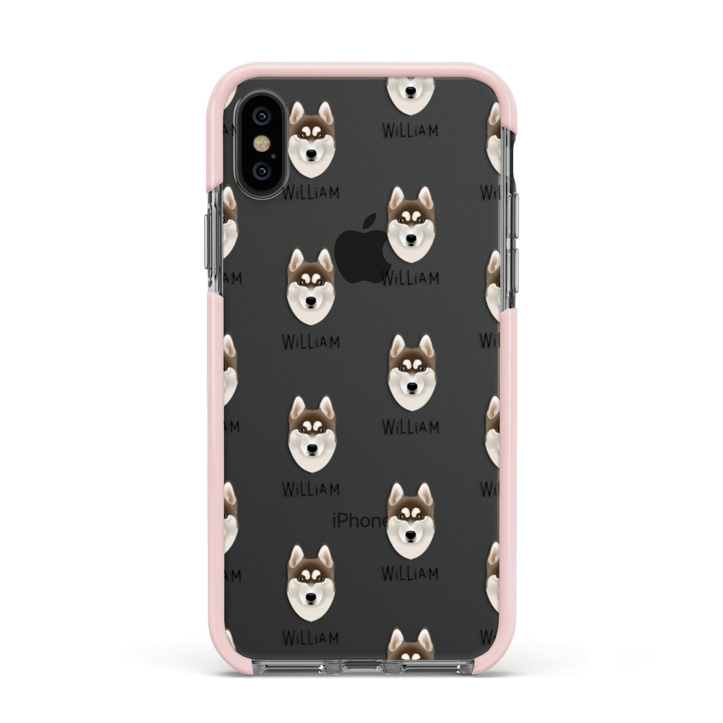 Siberian Husky Icon with Name Apple iPhone Xs Impact Case Pink Edge on Black Phone