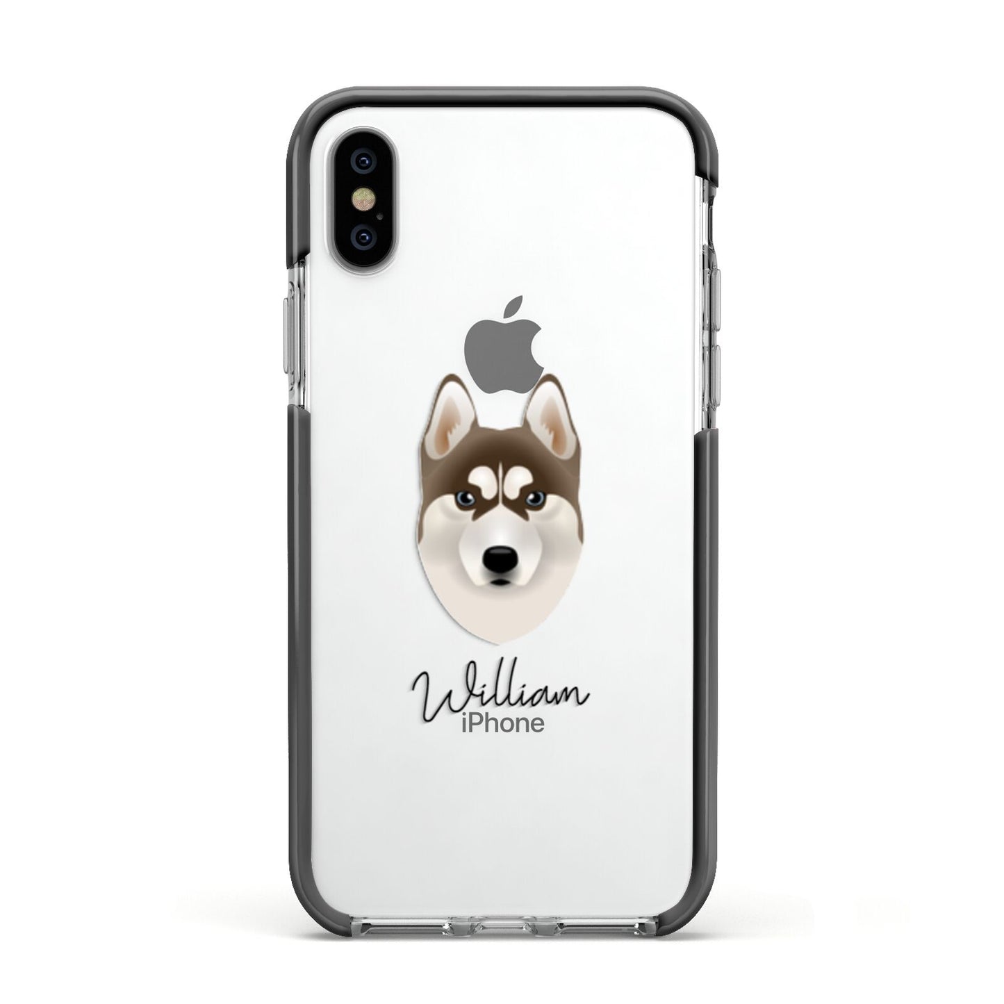 Siberian Husky Personalised Apple iPhone Xs Impact Case Black Edge on Silver Phone