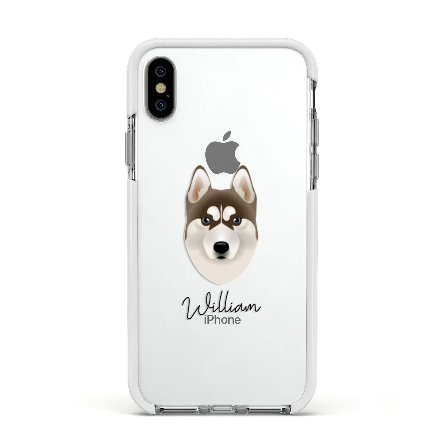 Siberian Husky Personalised Apple iPhone Xs Impact Case White Edge on Silver Phone