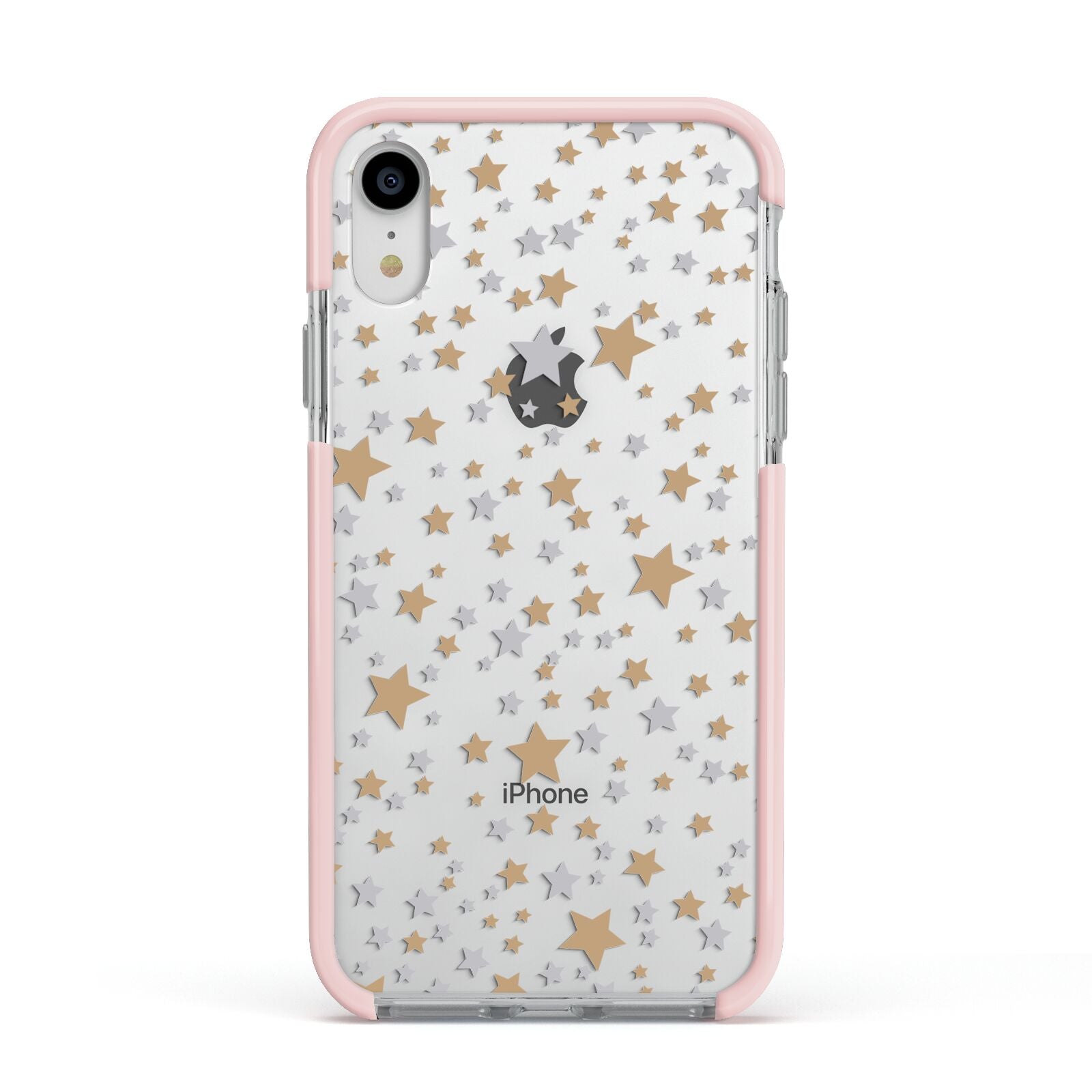 Silver Gold Stars Apple iPhone XR Impact Case Pink Edge on Silver Phone