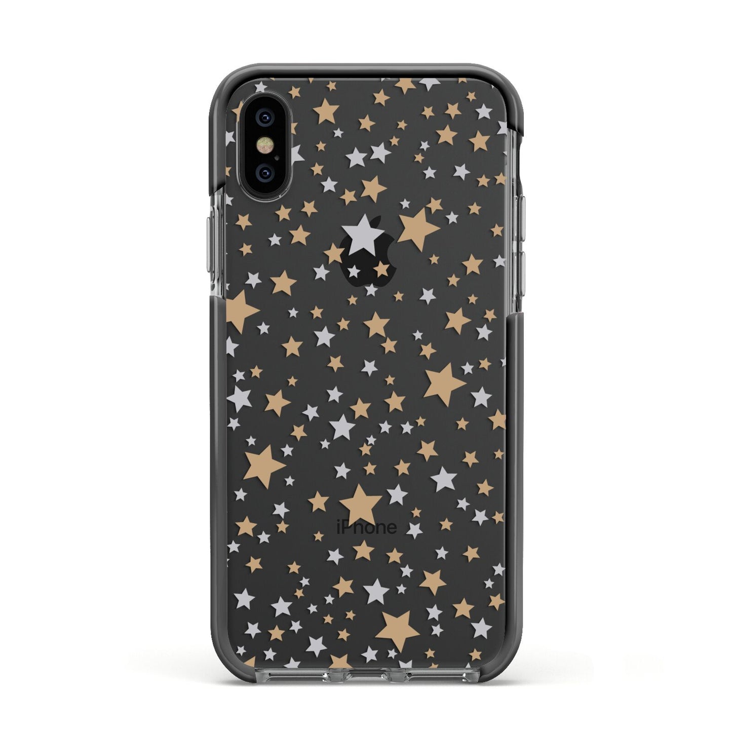 Silver Gold Stars Apple iPhone Xs Impact Case Black Edge on Black Phone