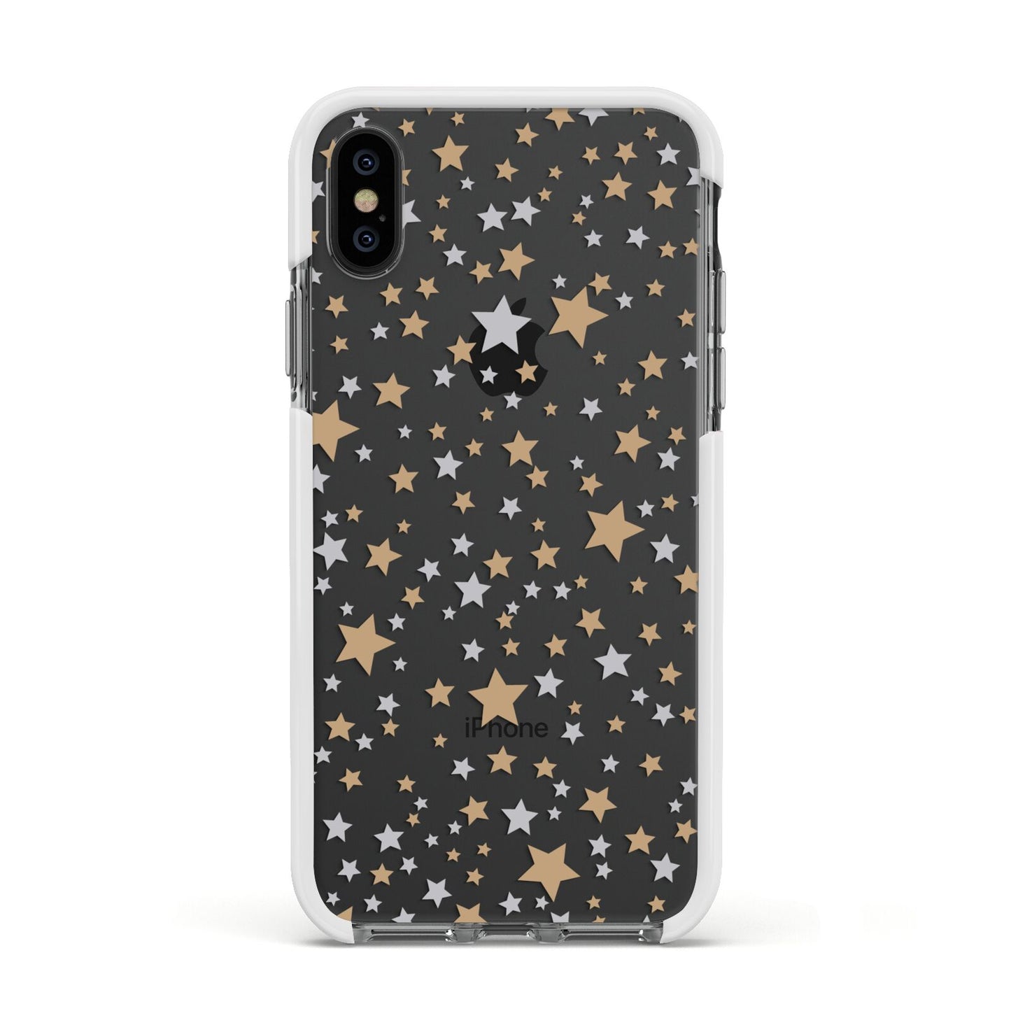 Silver Gold Stars Apple iPhone Xs Impact Case White Edge on Black Phone