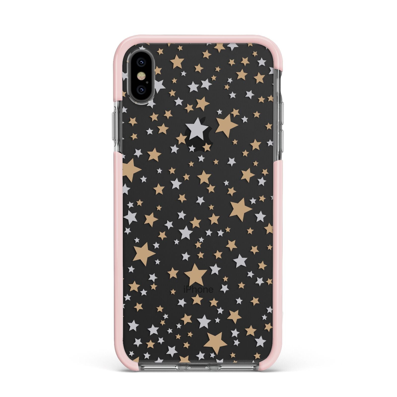 Silver Gold Stars Apple iPhone Xs Max Impact Case Pink Edge on Black Phone