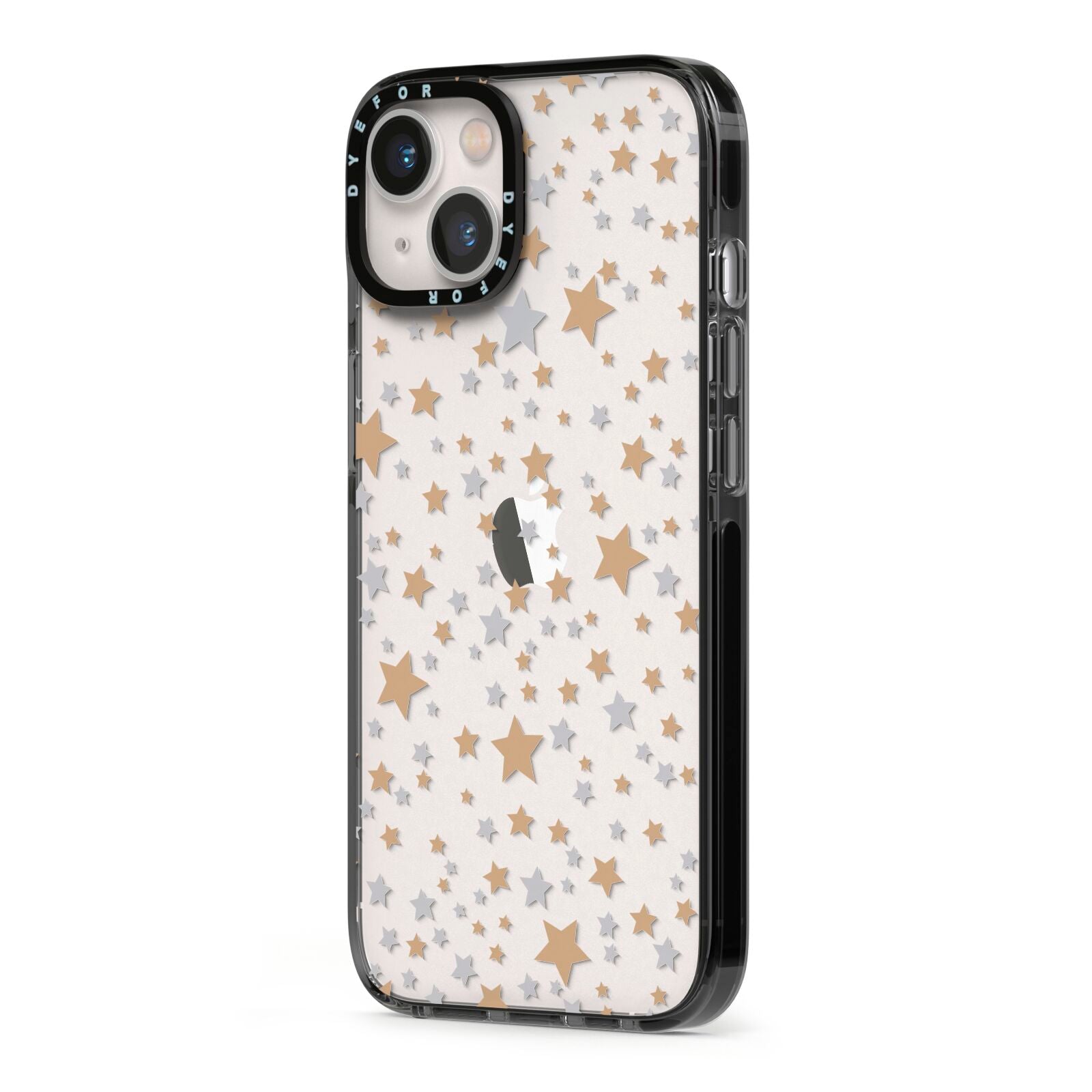 Silver Gold Stars iPhone 13 Black Impact Case Side Angle on Silver phone