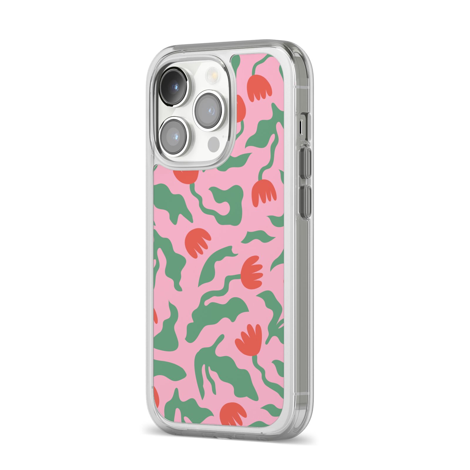 Simple Floral iPhone 14 Pro Clear Tough Case Silver Angled Image