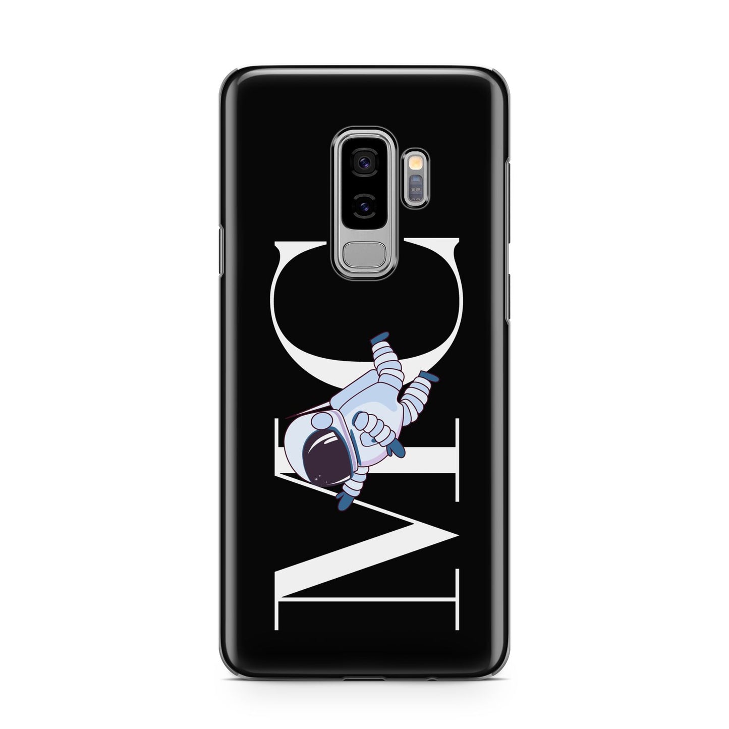 Simple Personalised Astronaut with Initials Samsung Galaxy S9 Plus Case on Silver phone