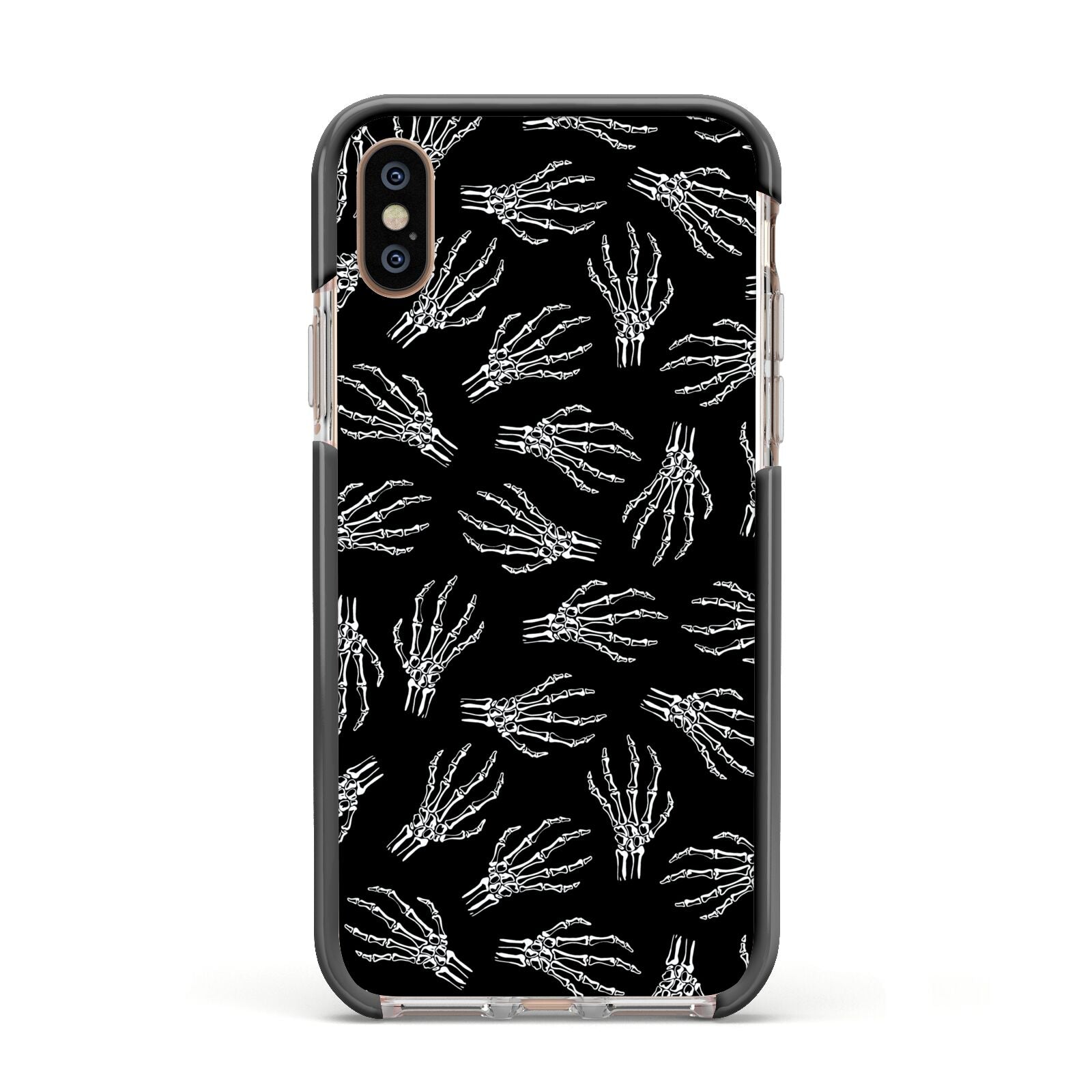 Skeleton Hands Apple iPhone Xs Impact Case Black Edge on Gold Phone