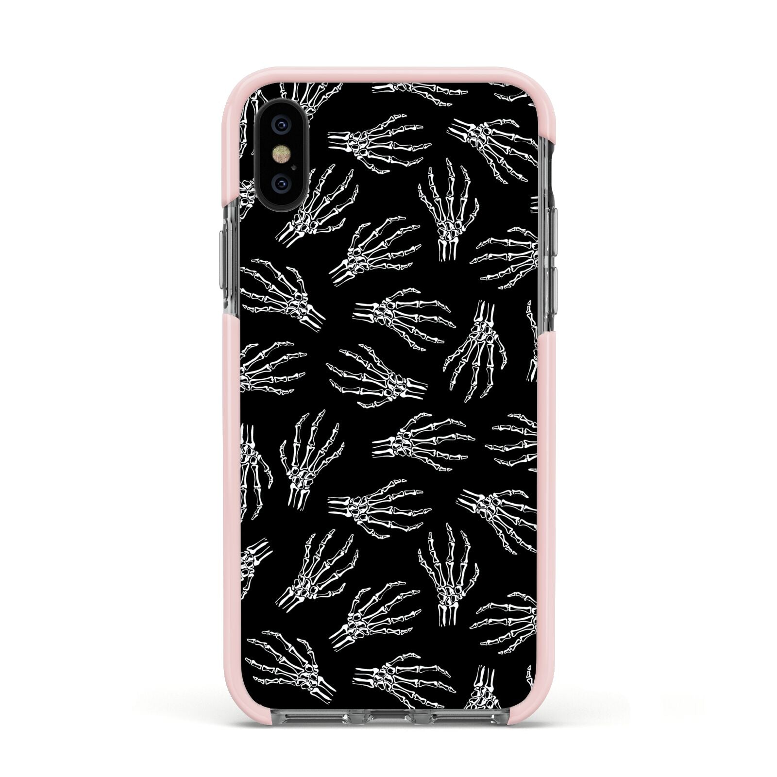 Skeleton Hands Apple iPhone Xs Impact Case Pink Edge on Black Phone