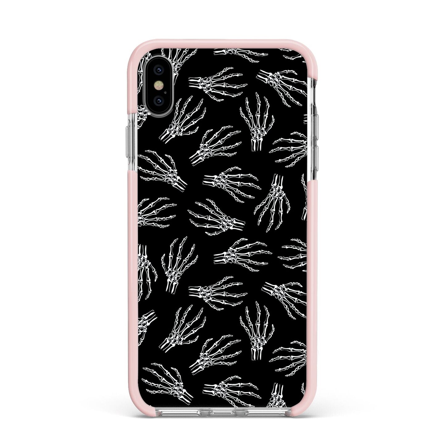 Skeleton Hands Apple iPhone Xs Max Impact Case Pink Edge on Silver Phone