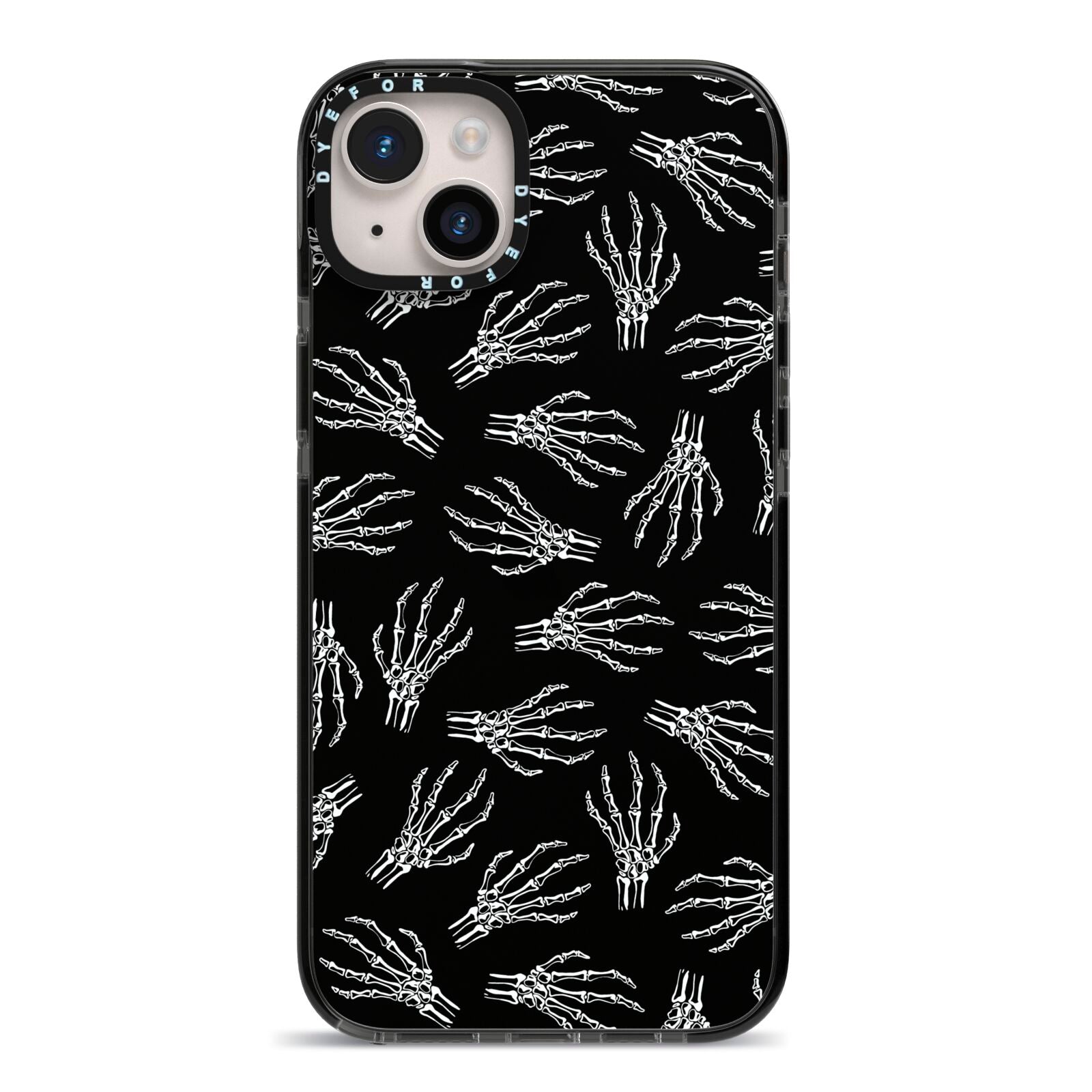 Skeleton Hands iPhone 14 Plus Black Impact Case on Silver phone