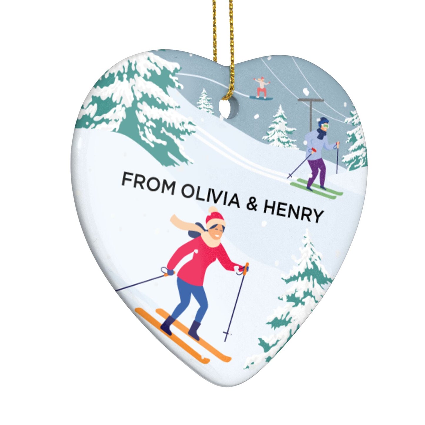 Ski Scene with Name Heart Decoration Side Angle