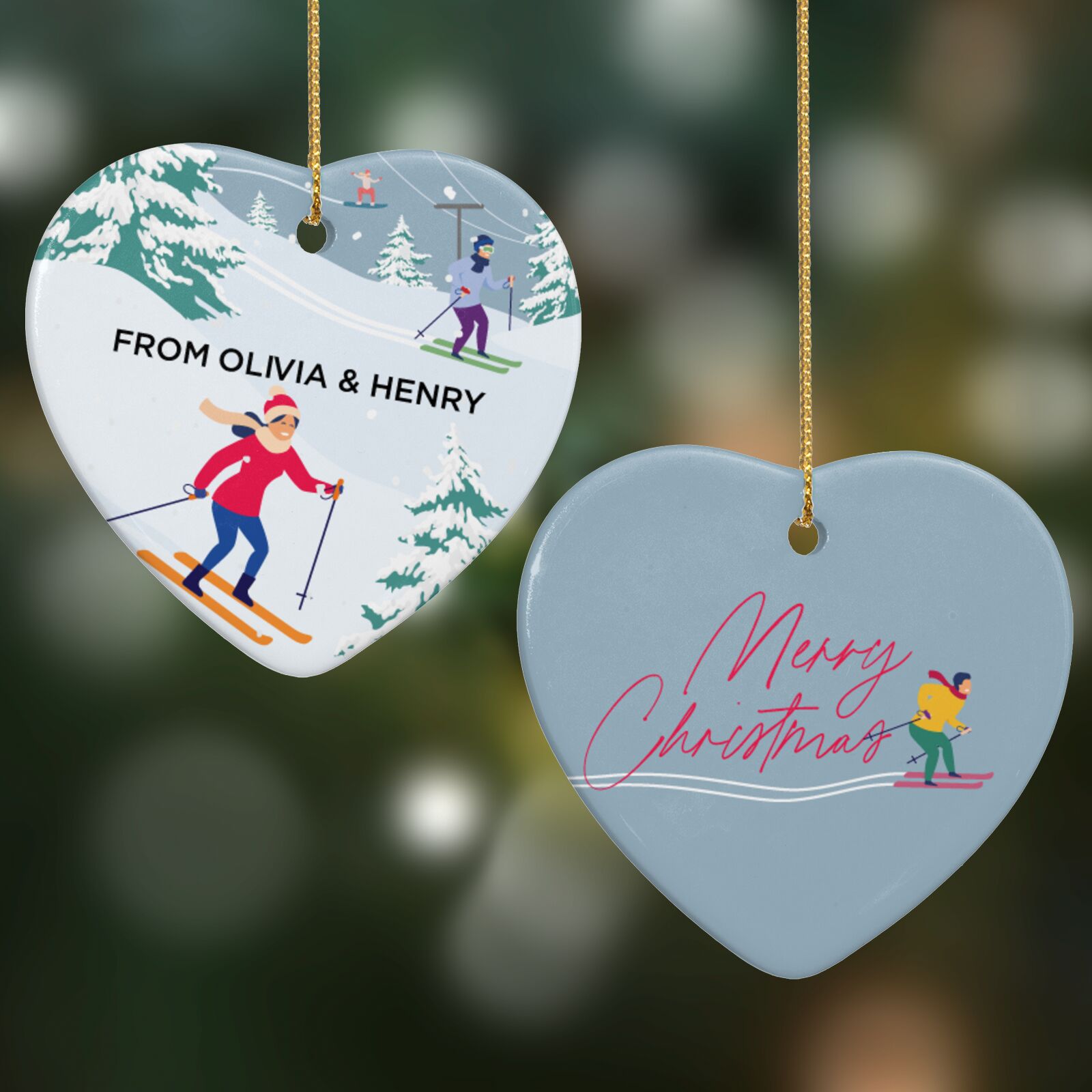 Ski Scene with Name Heart Decoration on Christmas Background