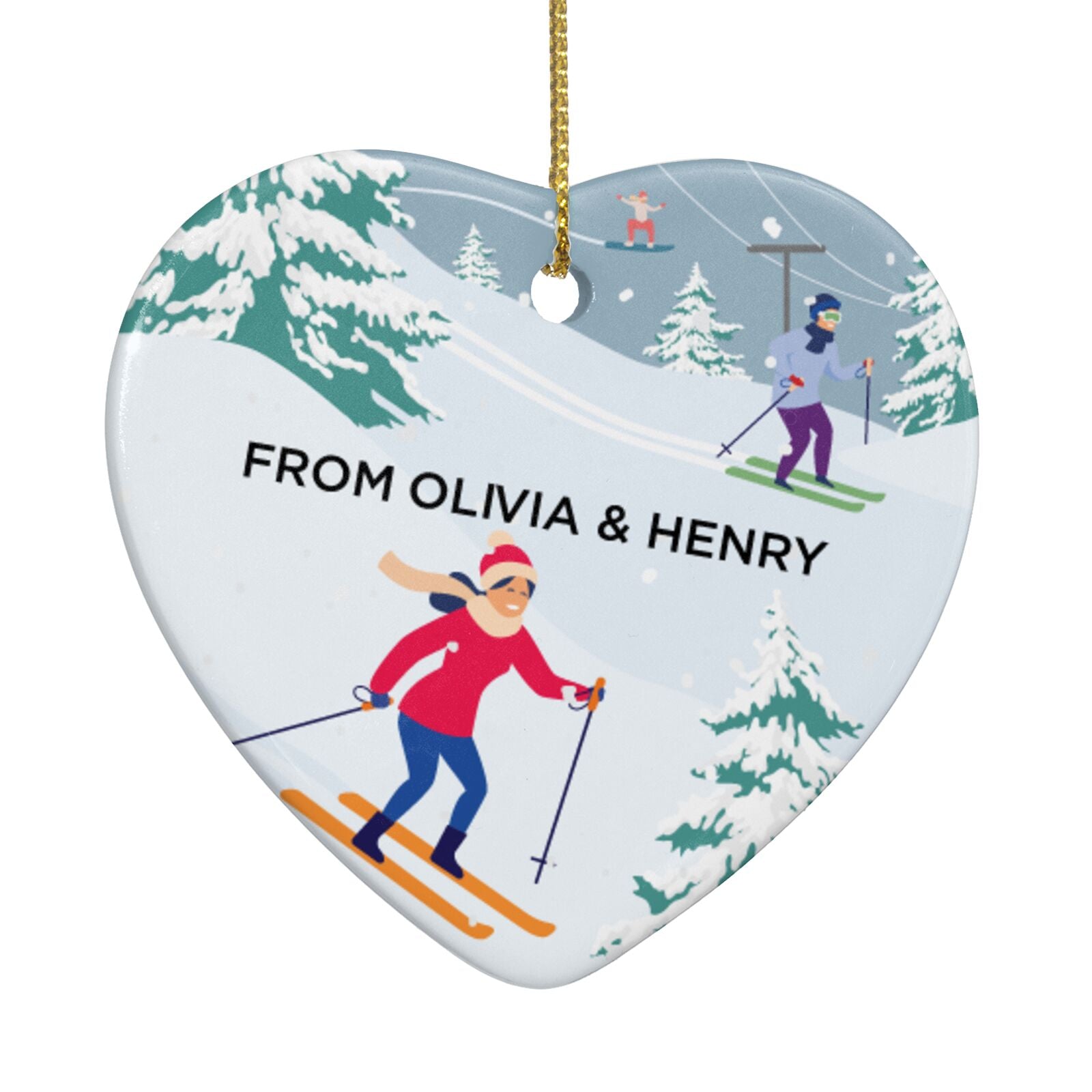 Ski Scene with Name Heart Decoration
