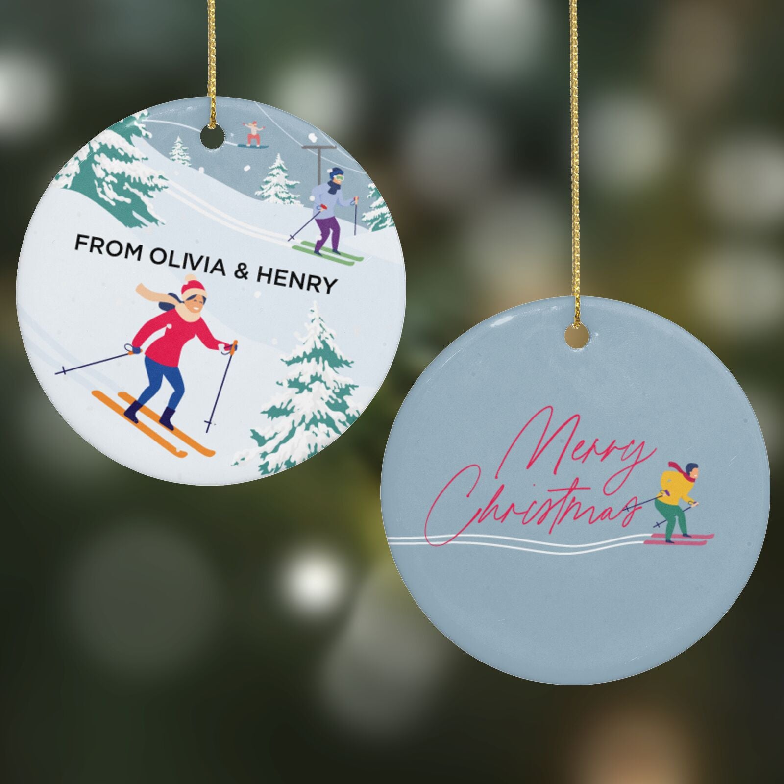 Ski Scene with Name Round Decoration on Christmas Background