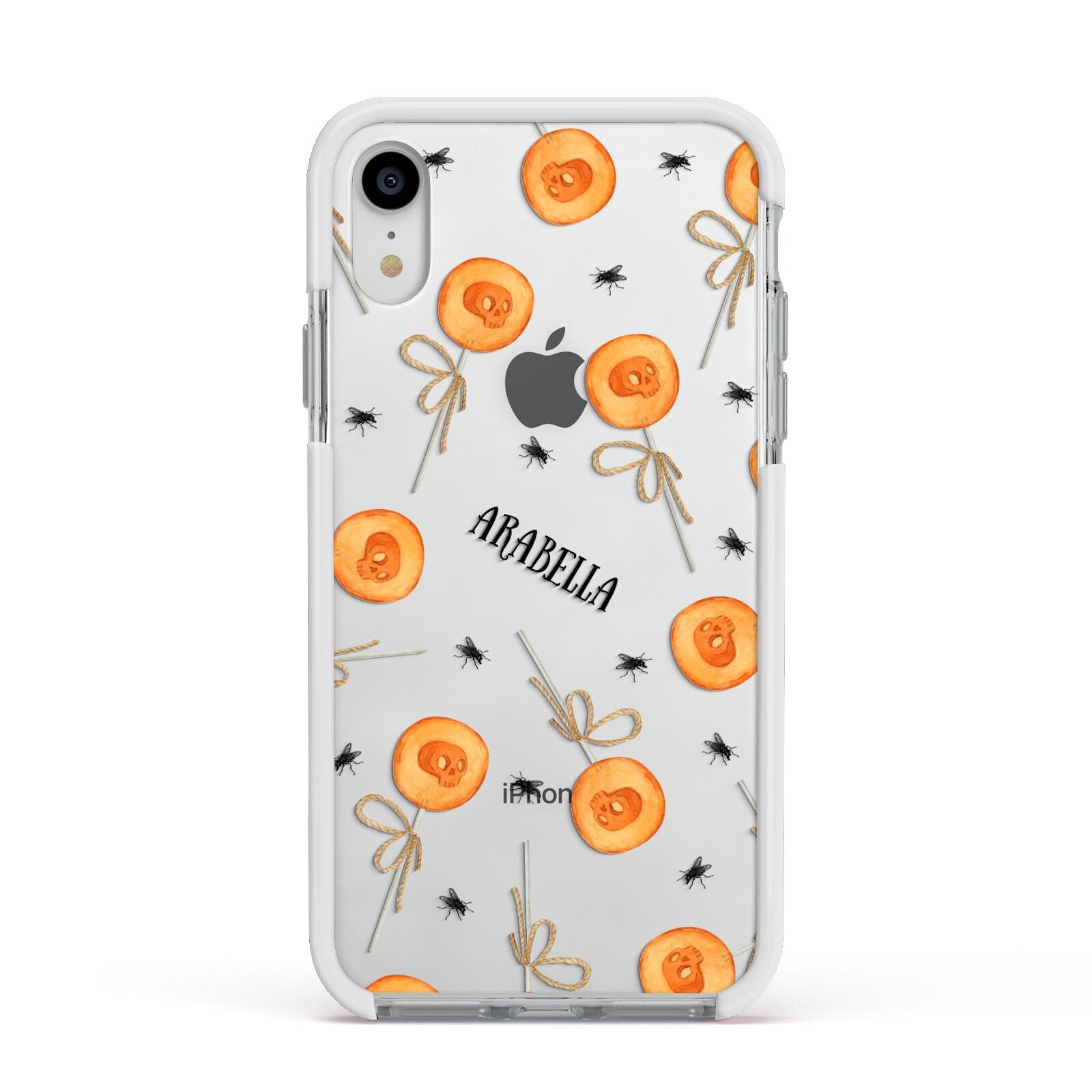 Skull Lollipops Custom Halloween Apple iPhone XR Impact Case White Edge on Silver Phone