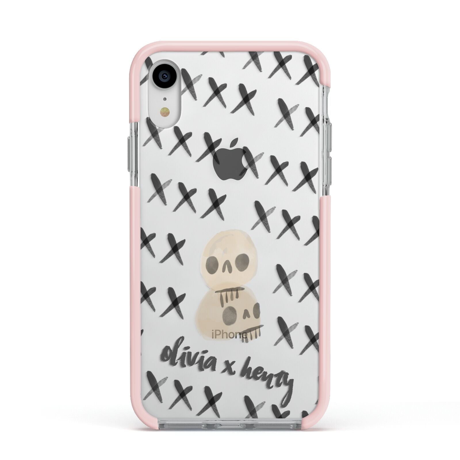 Skulls and Kisses Personalised Apple iPhone XR Impact Case Pink Edge on Silver Phone