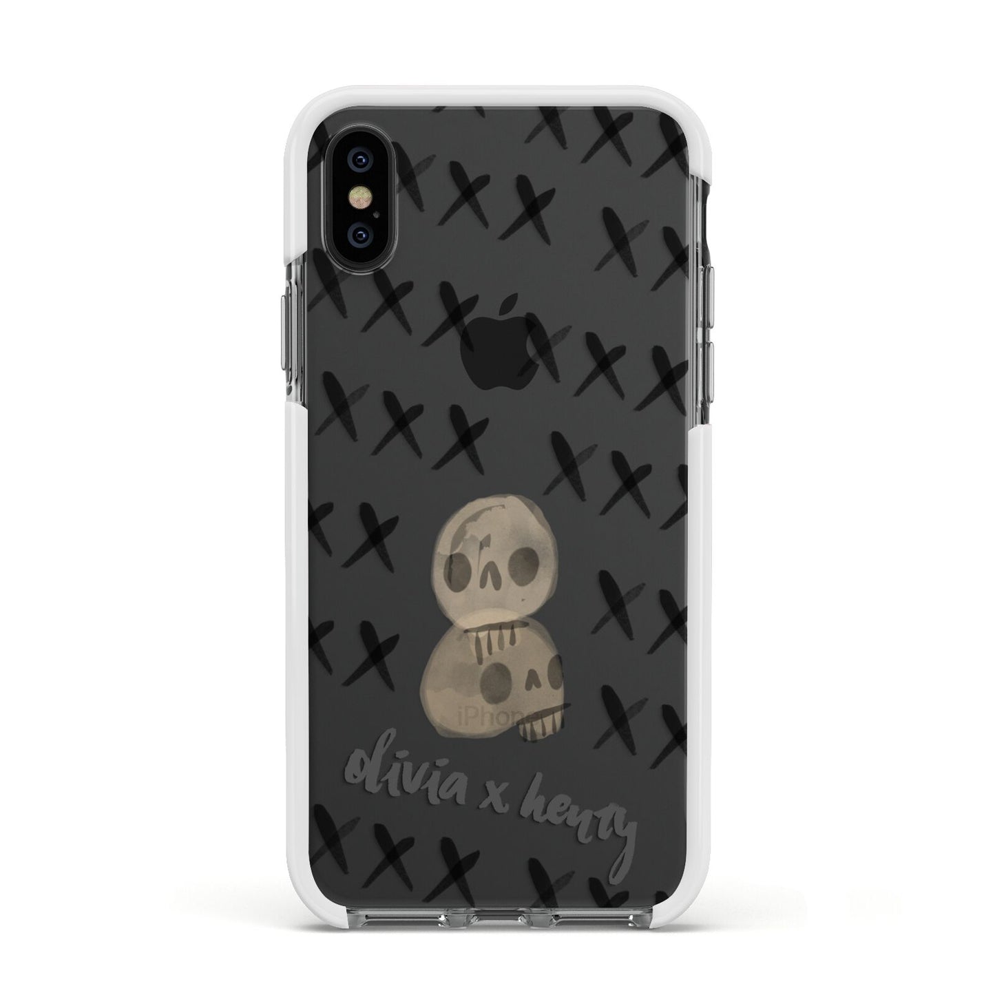 Skulls and Kisses Personalised Apple iPhone Xs Impact Case White Edge on Black Phone