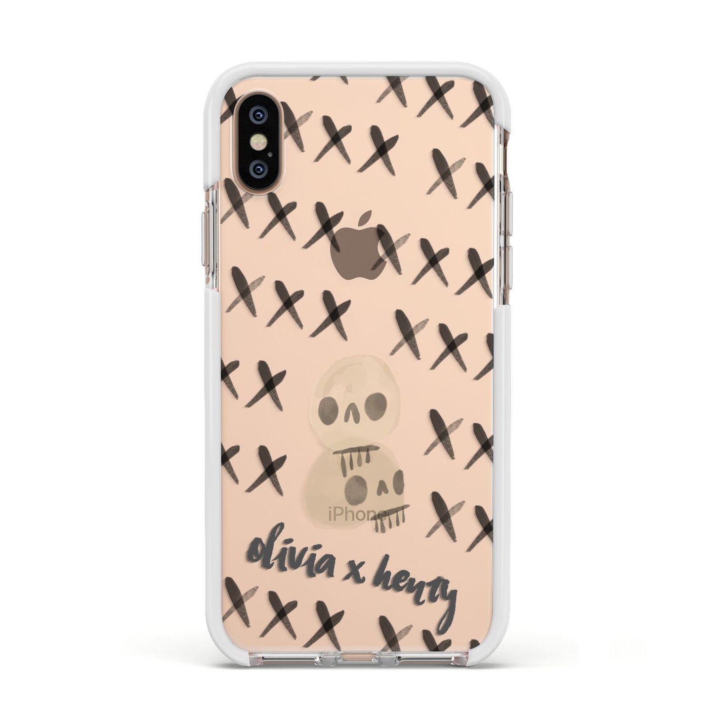 Skulls and Kisses Personalised Apple iPhone Xs Impact Case White Edge on Gold Phone