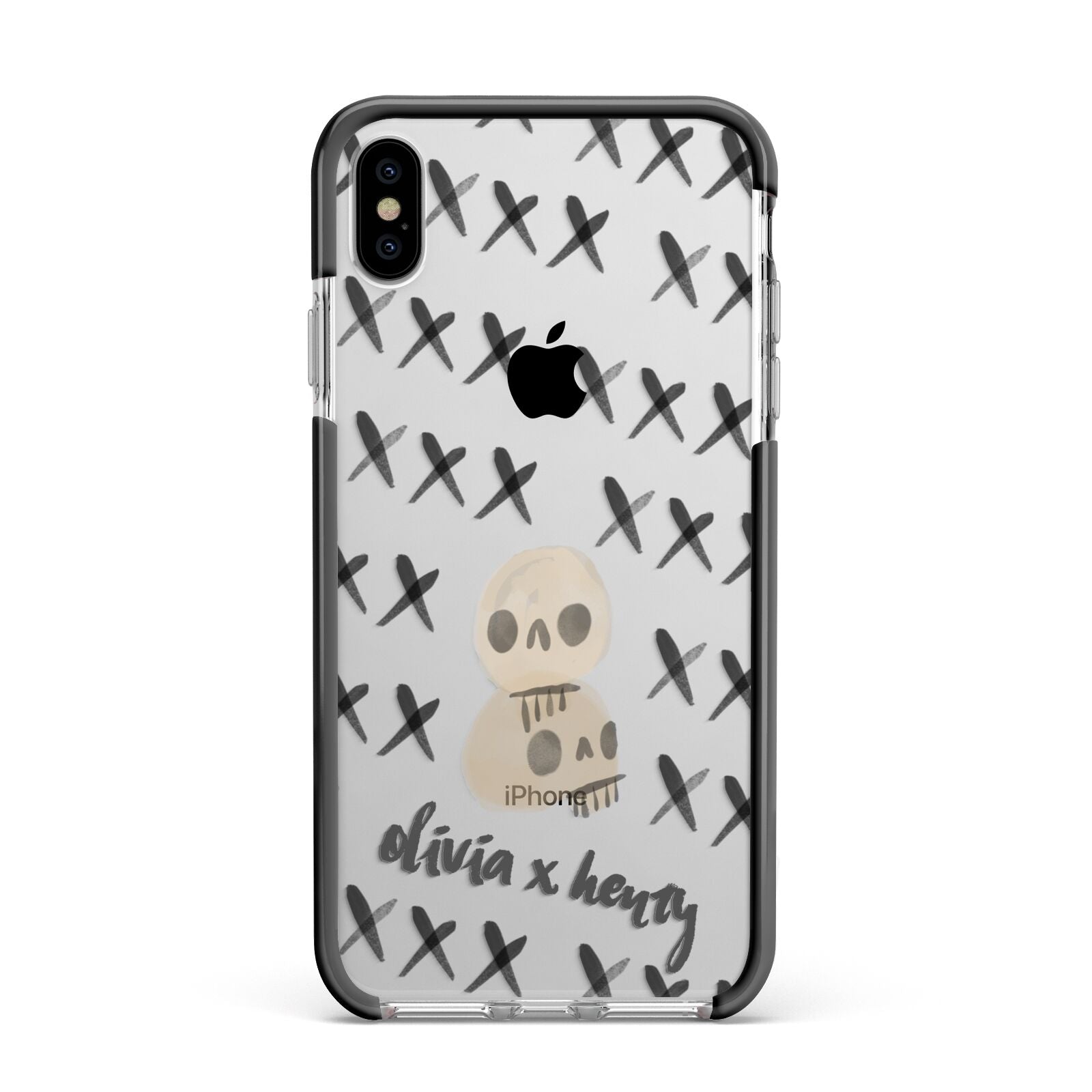 Skulls and Kisses Personalised Apple iPhone Xs Max Impact Case Black Edge on Silver Phone