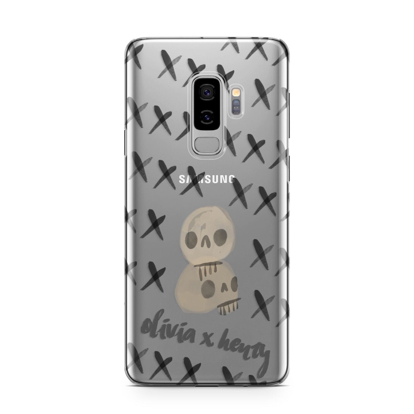 Skulls and Kisses Personalised Samsung Galaxy S9 Plus Case on Silver phone