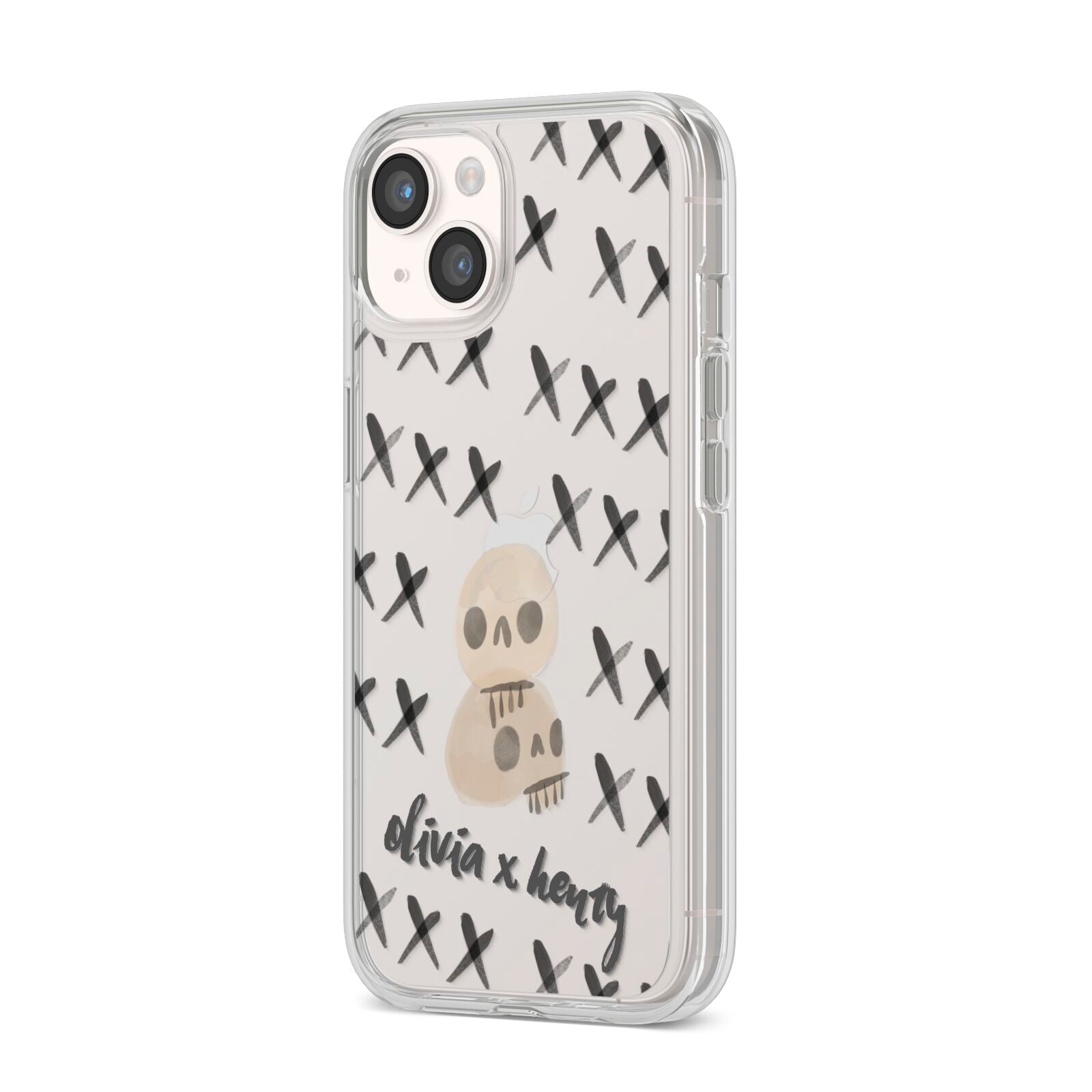 Skulls and Kisses Personalised iPhone 14 Clear Tough Case Starlight Angled Image