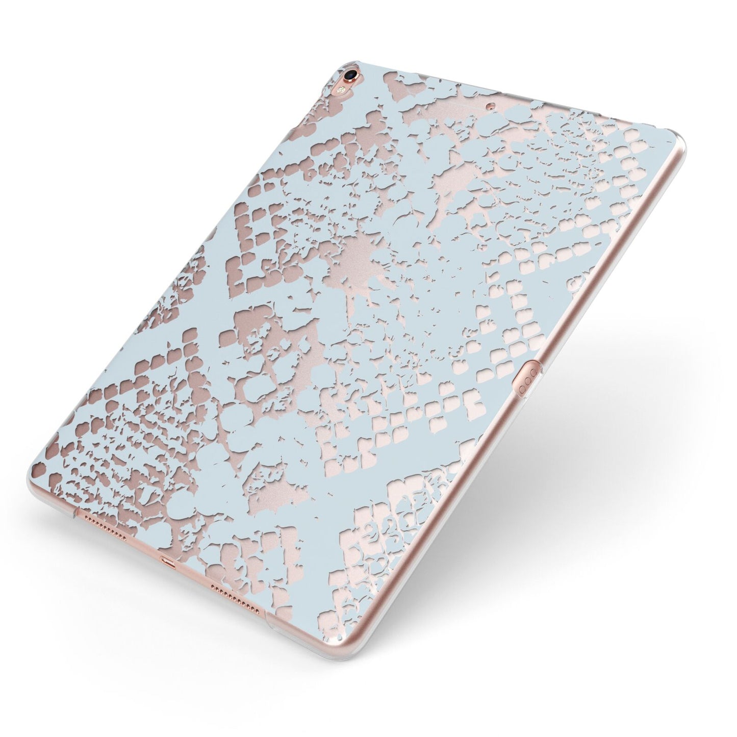 Sky Blue Snakeskin Apple iPad Case on Rose Gold iPad Side View