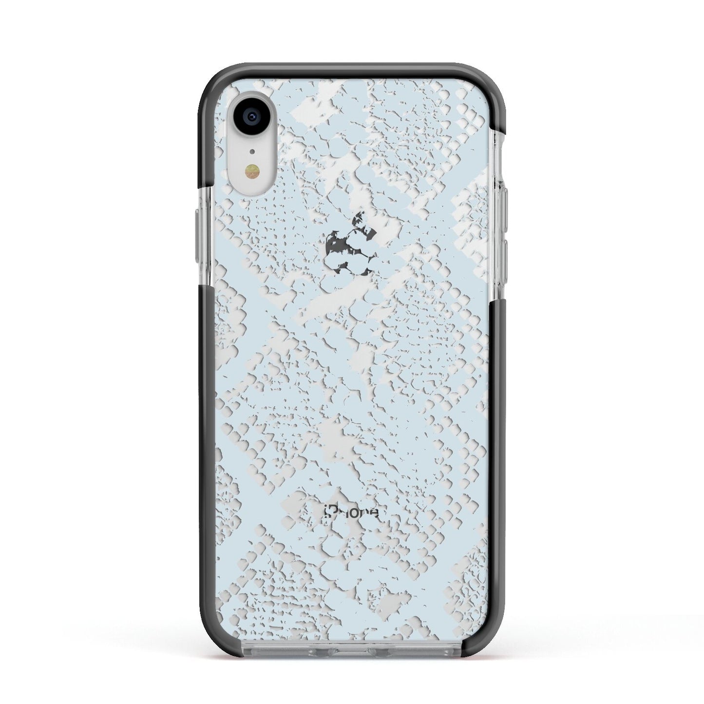 Sky Blue Snakeskin Apple iPhone XR Impact Case Black Edge on Silver Phone