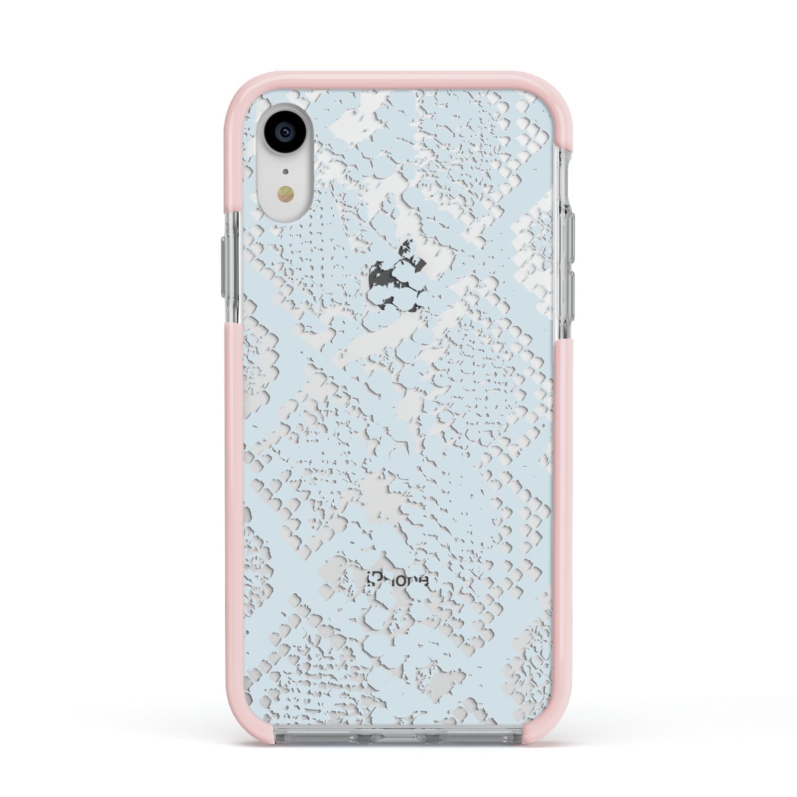 Sky Blue Snakeskin Apple iPhone XR Impact Case Pink Edge on Silver Phone