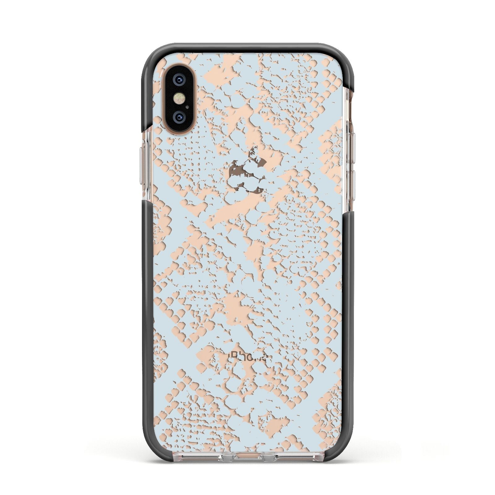 Sky Blue Snakeskin Apple iPhone Xs Impact Case Black Edge on Gold Phone