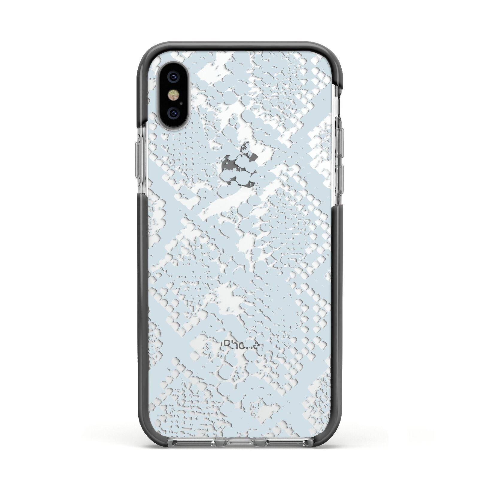 Sky Blue Snakeskin Apple iPhone Xs Impact Case Black Edge on Silver Phone