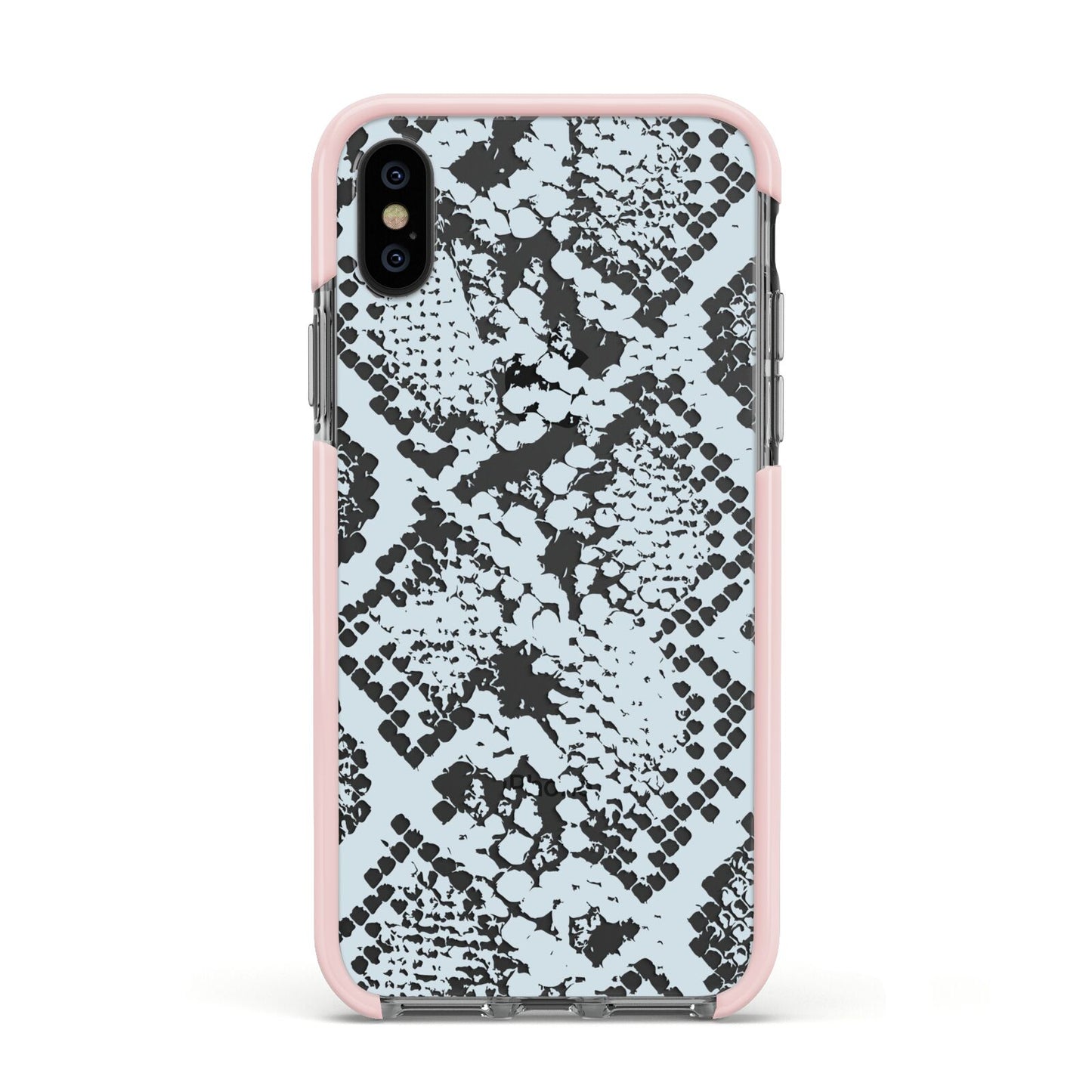 Sky Blue Snakeskin Apple iPhone Xs Impact Case Pink Edge on Black Phone