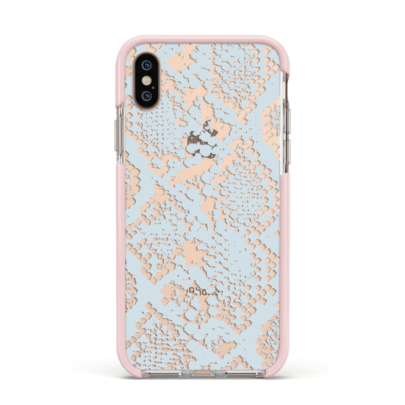 Sky Blue Snakeskin Apple iPhone Xs Impact Case Pink Edge on Gold Phone