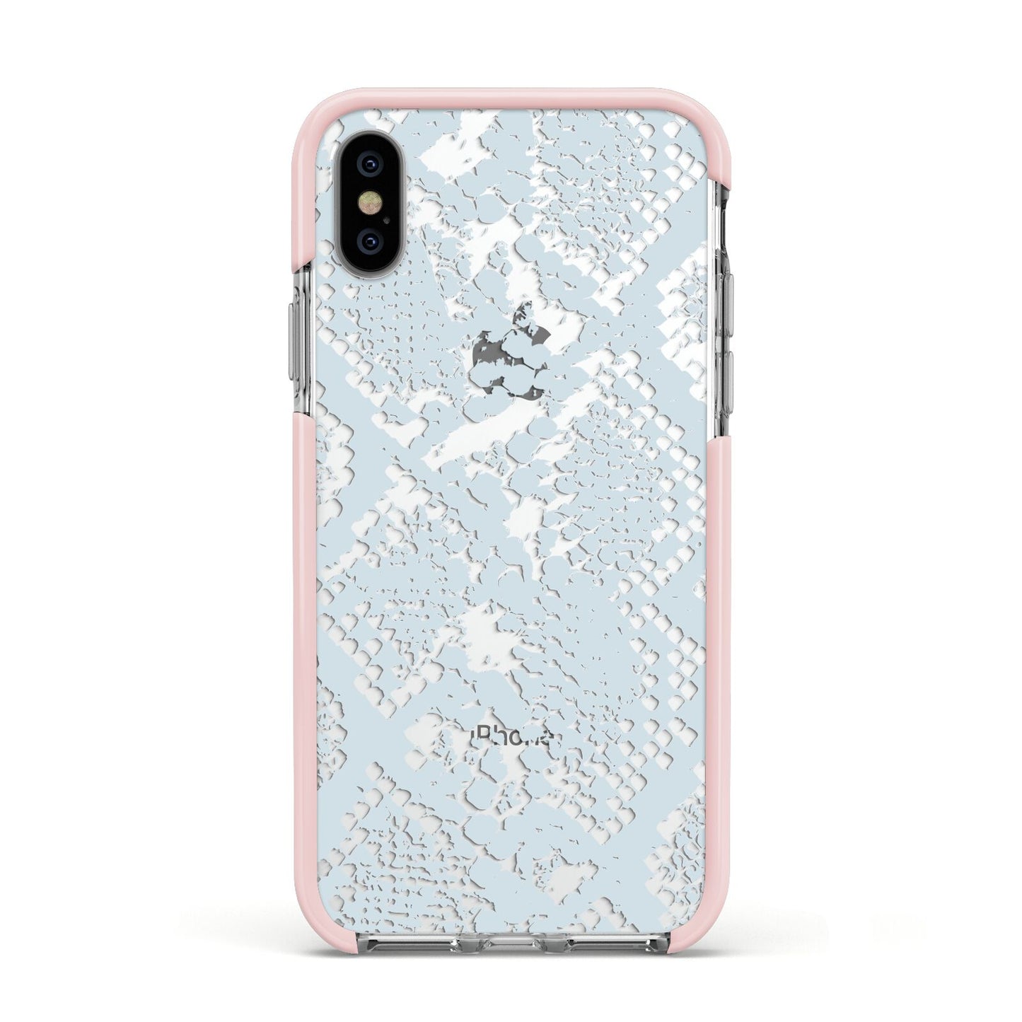 Sky Blue Snakeskin Apple iPhone Xs Impact Case Pink Edge on Silver Phone