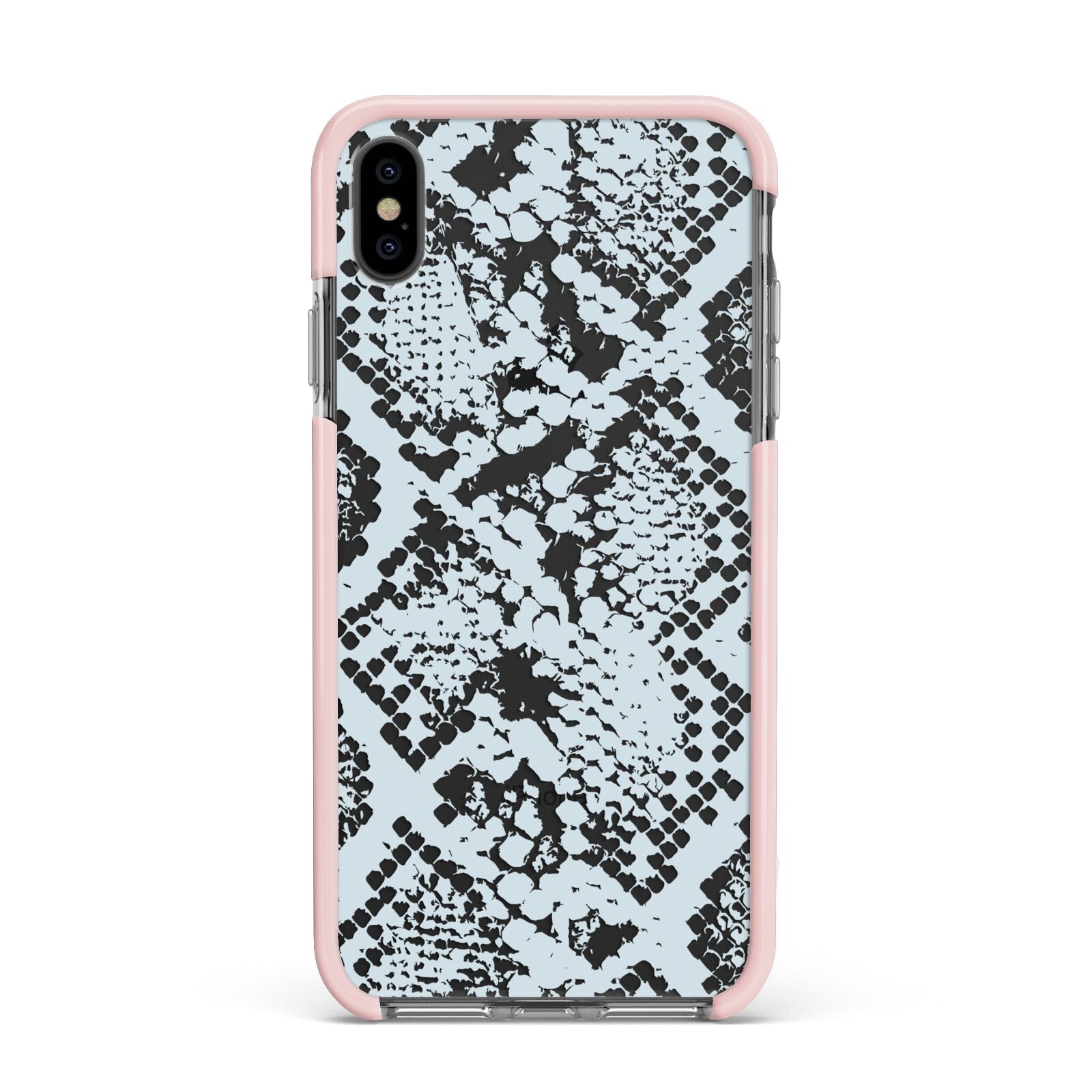 Sky Blue Snakeskin Apple iPhone Xs Max Impact Case Pink Edge on Black Phone