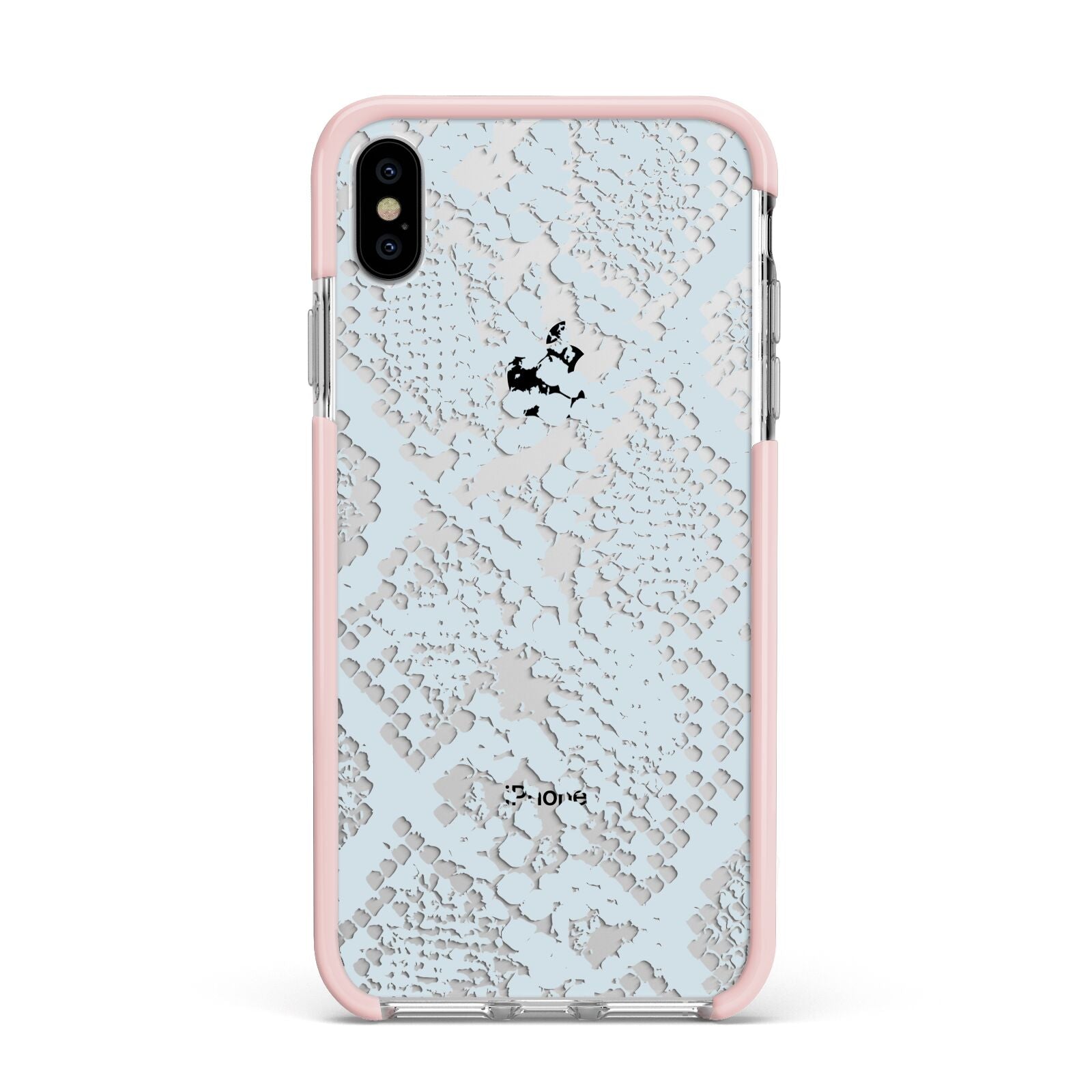 Sky Blue Snakeskin Apple iPhone Xs Max Impact Case Pink Edge on Silver Phone