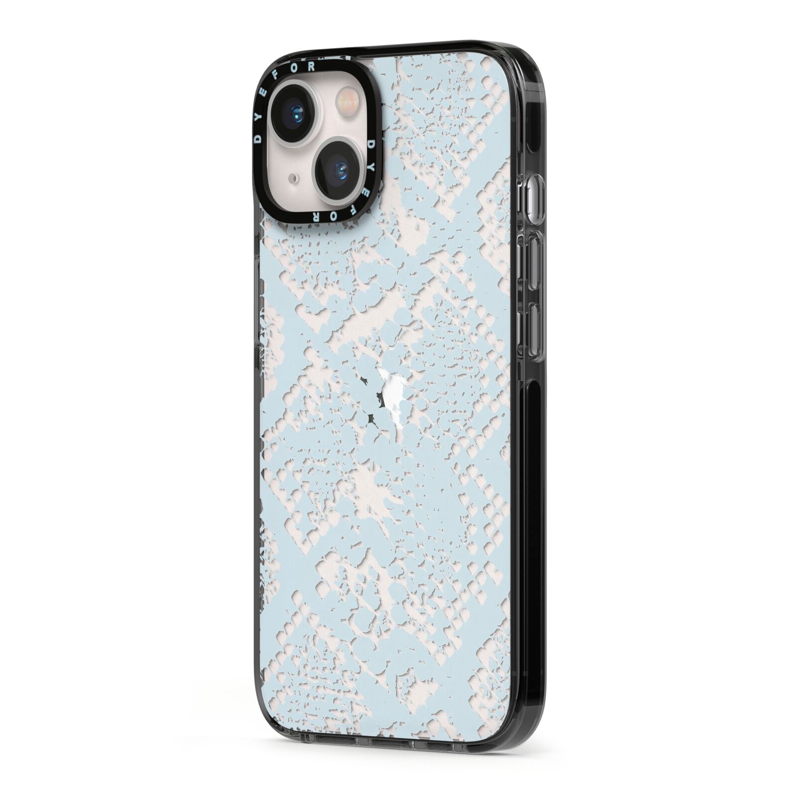 Sky Blue Snakeskin iPhone 13 Black Impact Case Side Angle on Silver phone