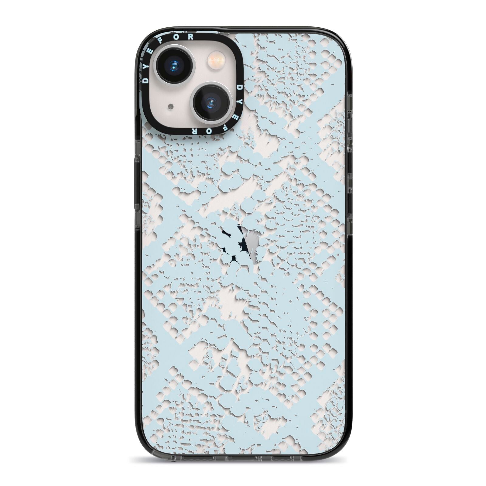 Sky Blue Snakeskin iPhone 13 Black Impact Case on Silver phone