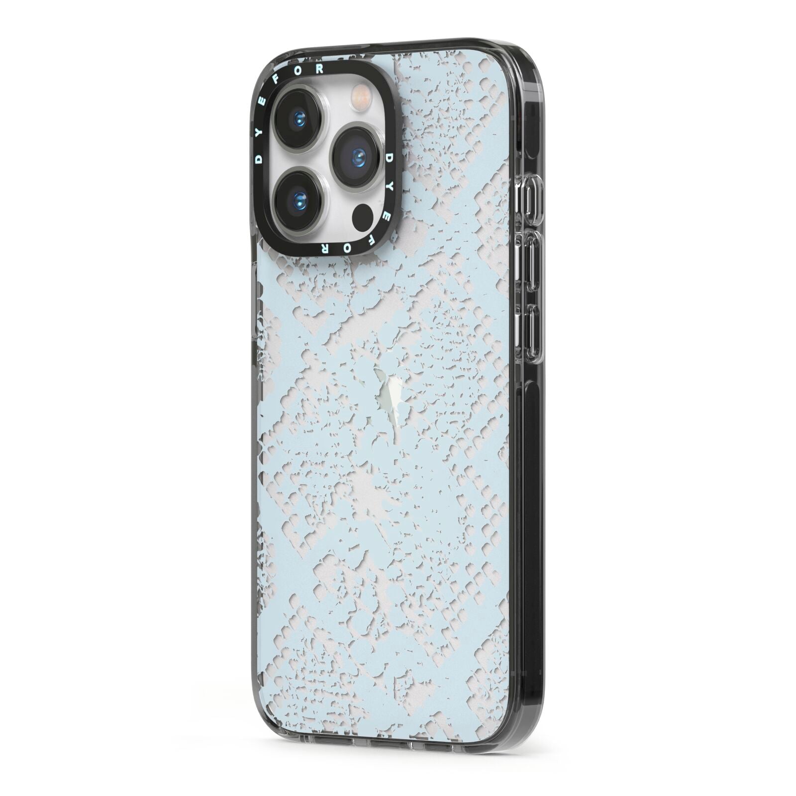 Sky Blue Snakeskin iPhone 13 Pro Black Impact Case Side Angle on Silver phone