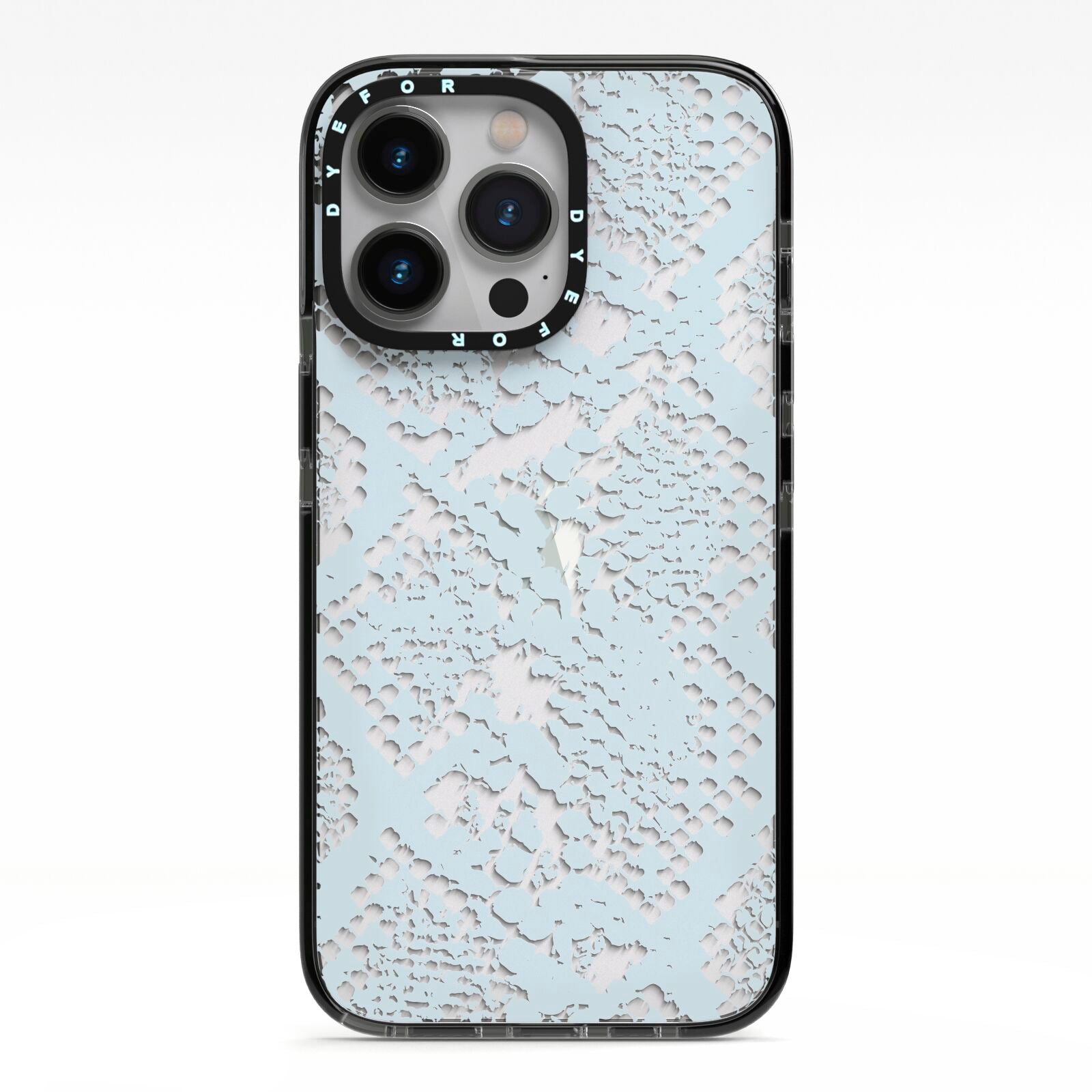 Sky Blue Snakeskin iPhone 13 Pro Black Impact Case on Silver phone