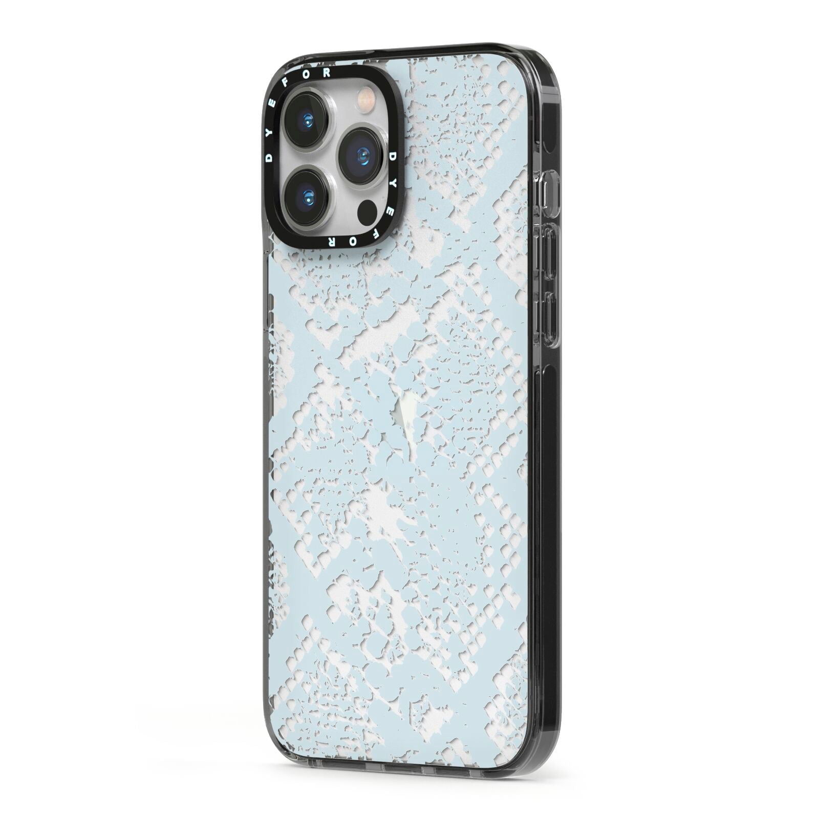 Sky Blue Snakeskin iPhone 13 Pro Max Black Impact Case Side Angle on Silver phone