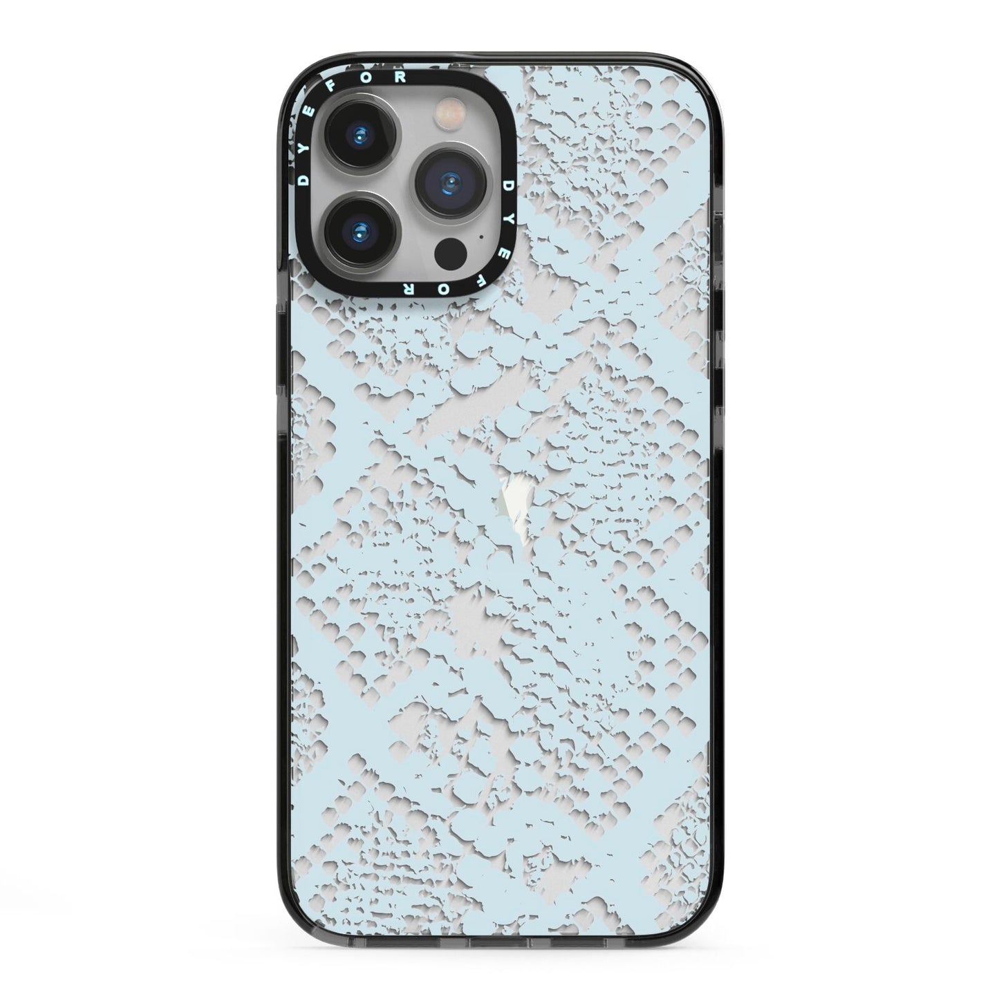 Sky Blue Snakeskin iPhone 13 Pro Max Black Impact Case on Silver phone