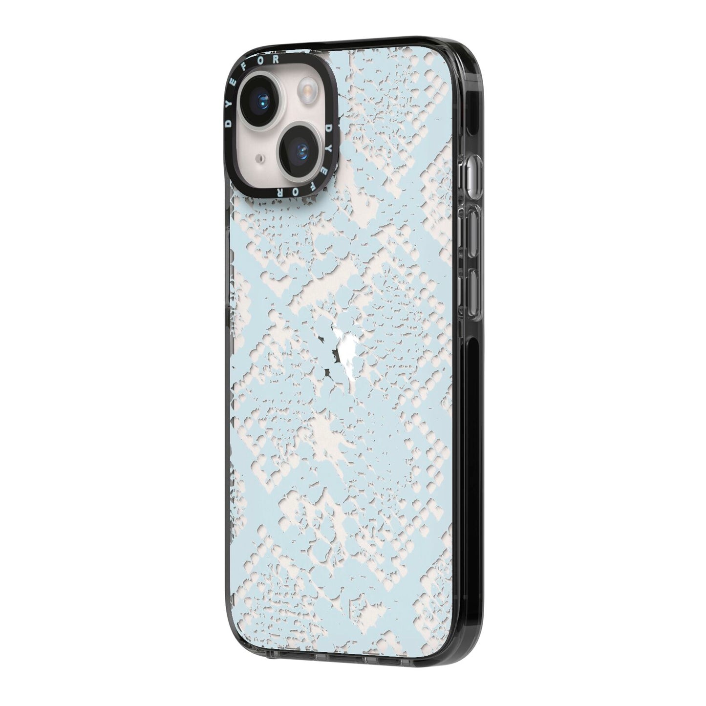 Sky Blue Snakeskin iPhone 14 Black Impact Case Side Angle on Silver phone