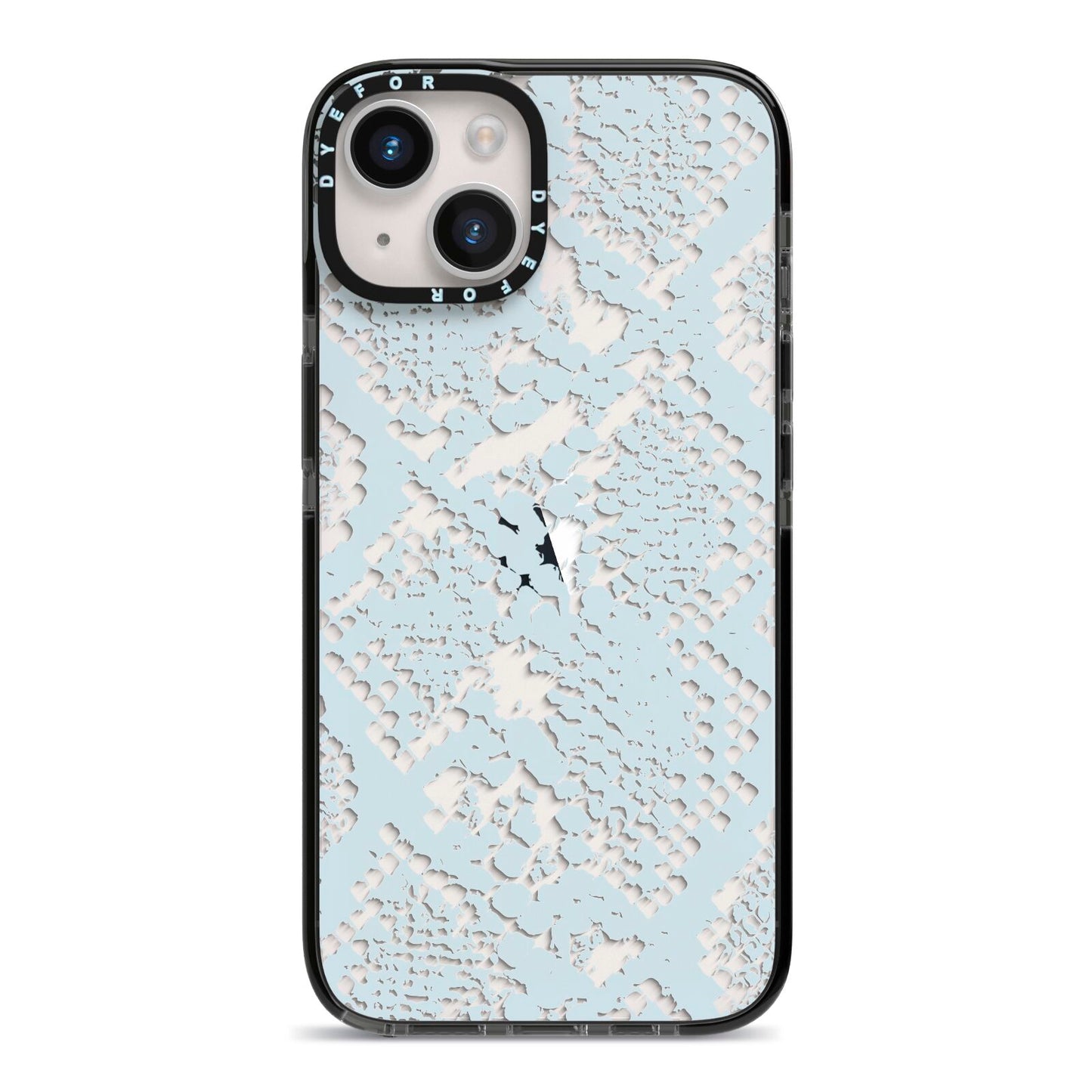 Sky Blue Snakeskin iPhone 14 Black Impact Case on Silver phone