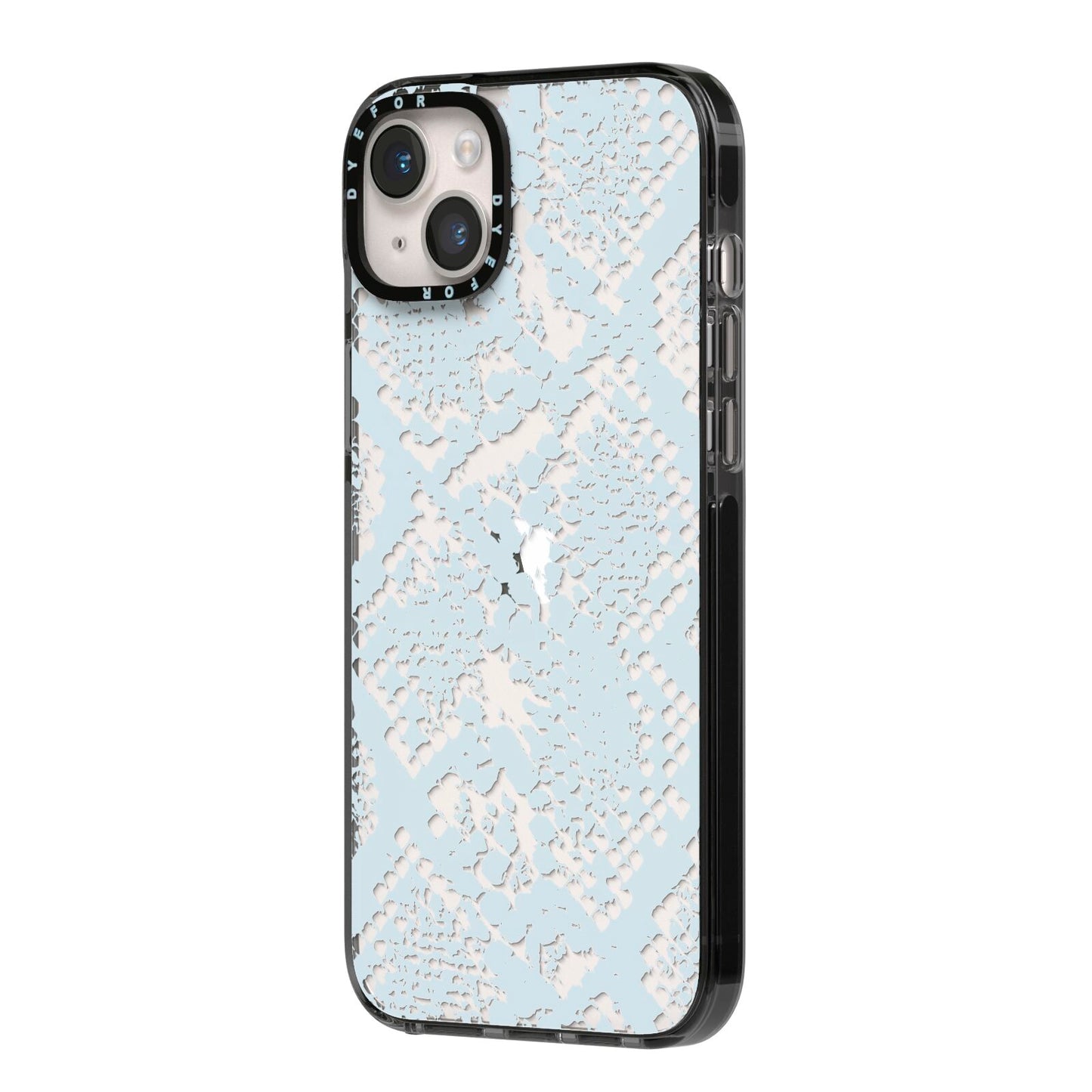 Sky Blue Snakeskin iPhone 14 Plus Black Impact Case Side Angle on Silver phone